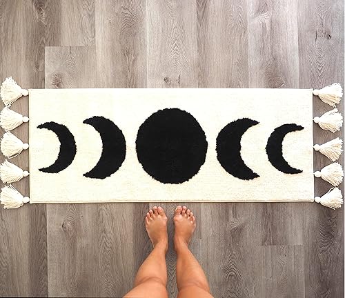 Evovee Alfombra de baño de estilo bohemio con borlas, alfombra de baño con borlas y diseño de media luna, decoración de dormitorio, baño,