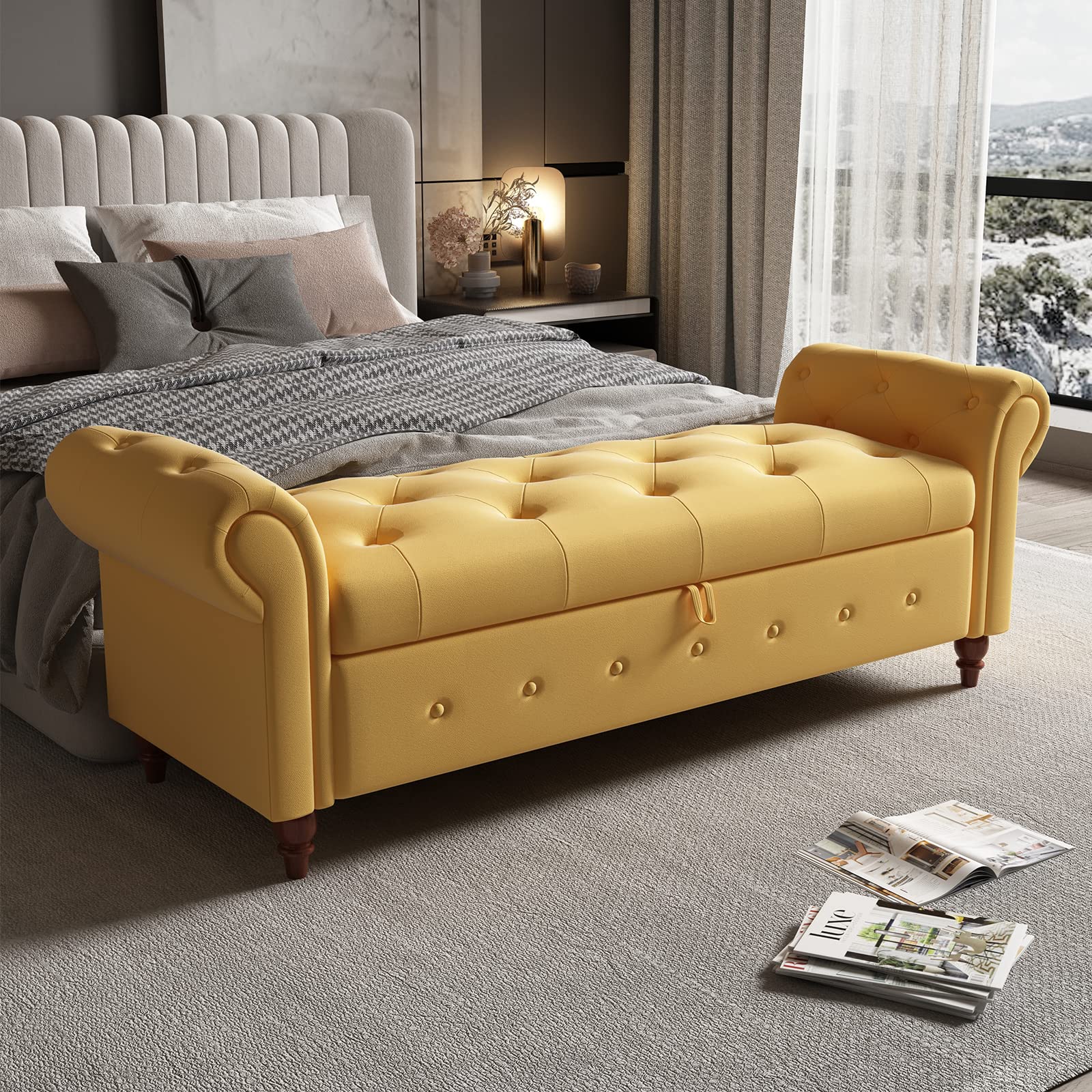 atosela 63" Storage Ottoman Bench,Upholstered End of Bed Bench with Rolled Arms and Nailhead Trim,Modern Velvet Bench Seat with Storage for Bedroom,