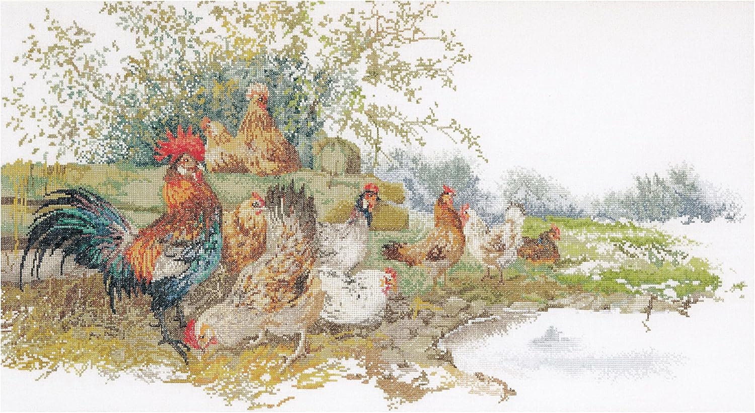 Thea Gouverneur - Counted Cross Stitch Kit - Chickens - Aida - 16 Count - Embroidery Kit for Adults - DMC Embroidery Threads and Other Cross Stitch Supplies Included - 2038A