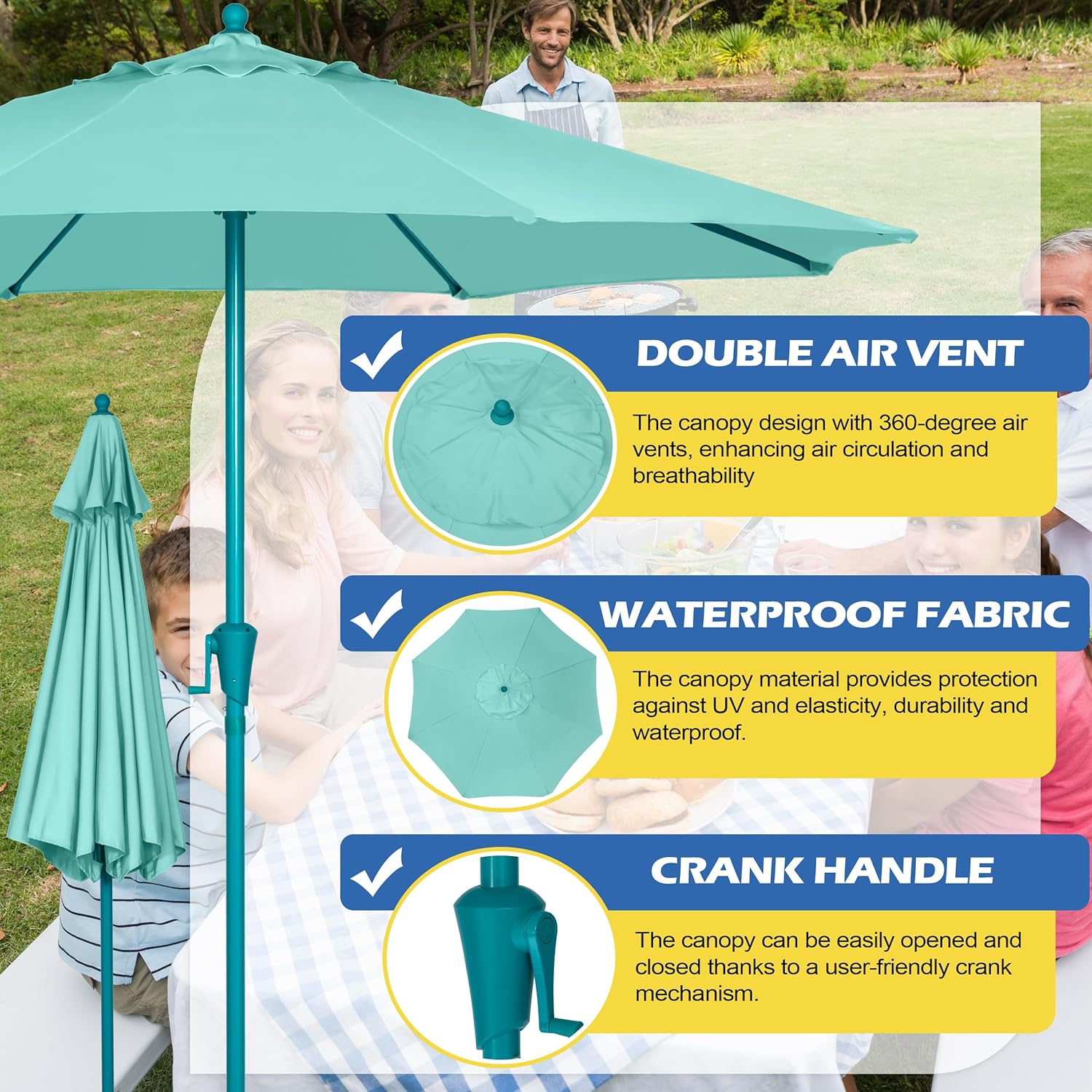 Sunnyglade 9FT Outdoor Patio Umbrella, Market Table Umbrella with 8 Sturdy Ribs and Crank System, Fade-resistant & Waterproof for Garden Backyard Poolside Deck - Image 3
