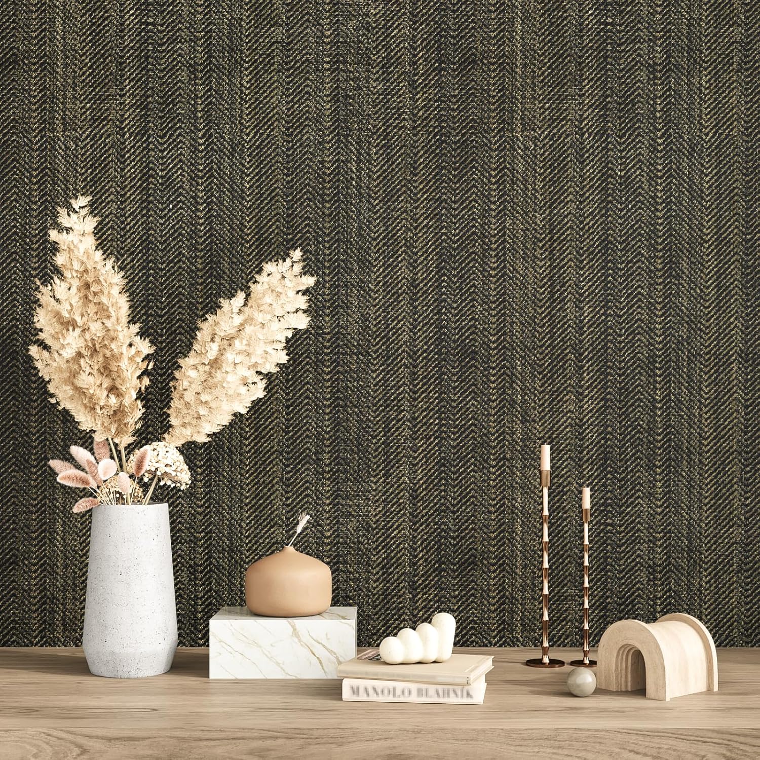 VEELIKE Black Gold Metallic Grasscloth Wallpaper 15.7''x354'' Textured Herringbone Peel and Stick Wallpaper Grasscloth Contact Paper for Cabinets Self Adhesive Vinyl for Living Room Walls Shelf Liners