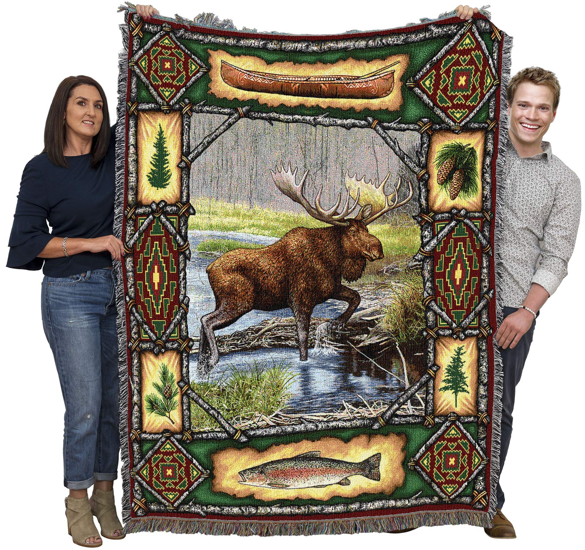 Moose Lodge Blanket - Wildlife Cabin Gift Tapestry Throw Woven from Cotton - Made in The USA (72x54) - 72" x 54" Moose Lodge