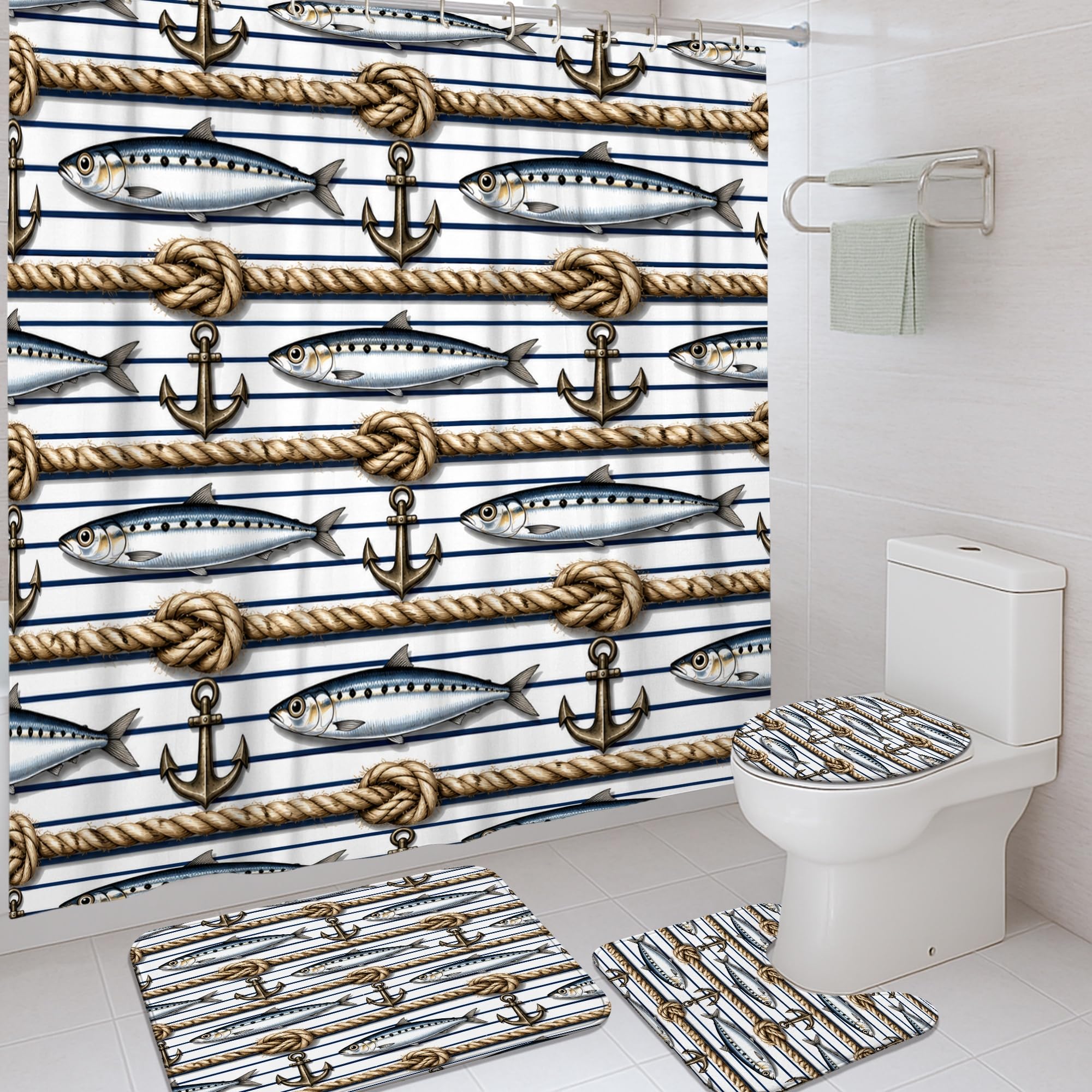 Rideau de douche motif ancre nautique 183 x 183 cm bleu lavable pour baignoire