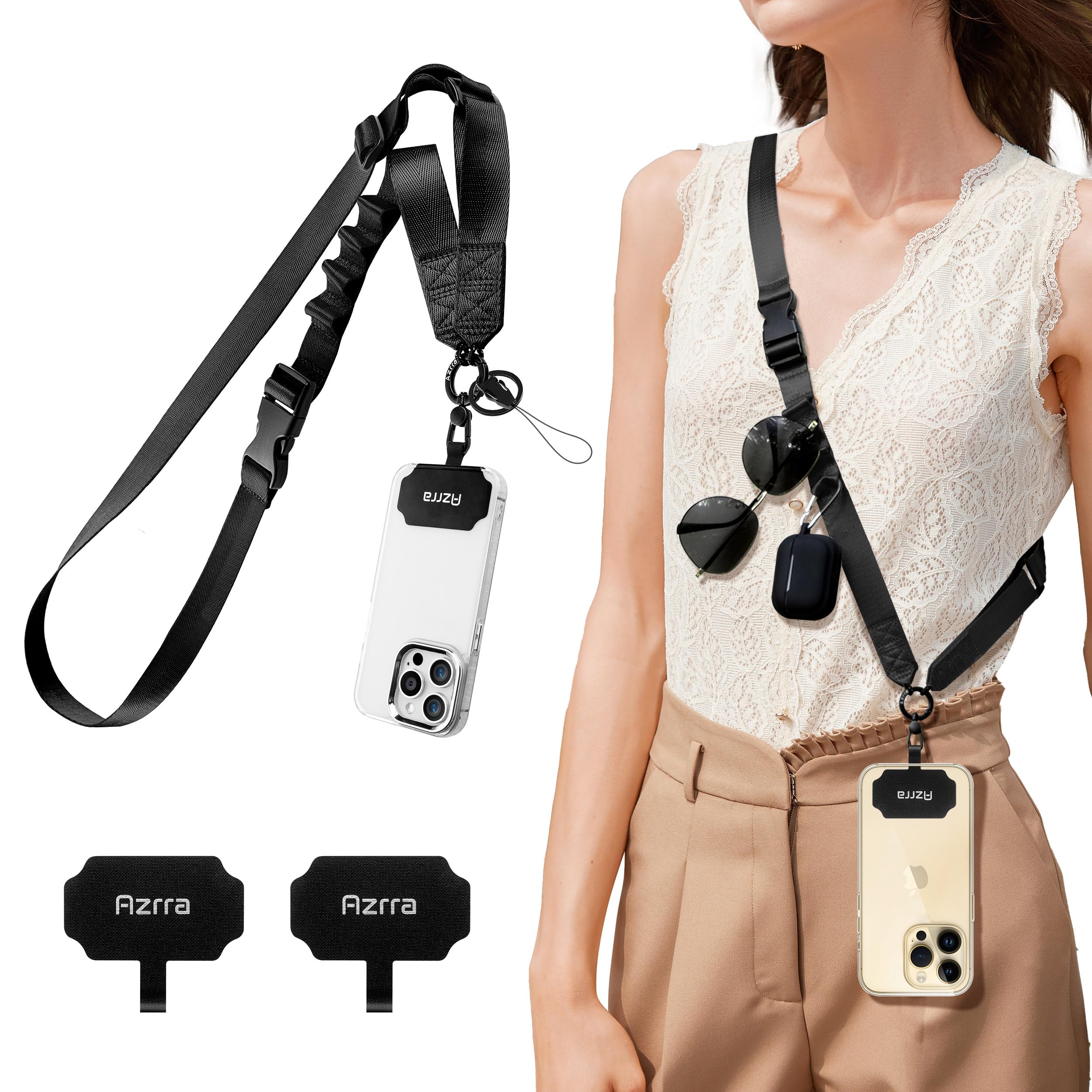 Azrra Unisex Black Phone Lanyard Crossbody, Cellphone Lanyard For Around The Neck, Adjustable Anti Theft Phone Strap, Crossbody Strap For Iphone Case, Keys, Earphone, Sunglasses, Wallet
