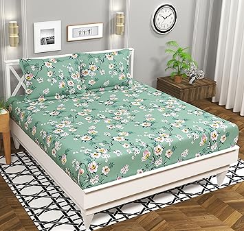 BSB HOME 120 TC Double Floral Bedsheet with 2 Pillow Covers | 110 GSM Soft Brushed Microfiber - Breathable & Wrinkle Free - (86 X 88 Inch, Floral, Light Green) - image, photos