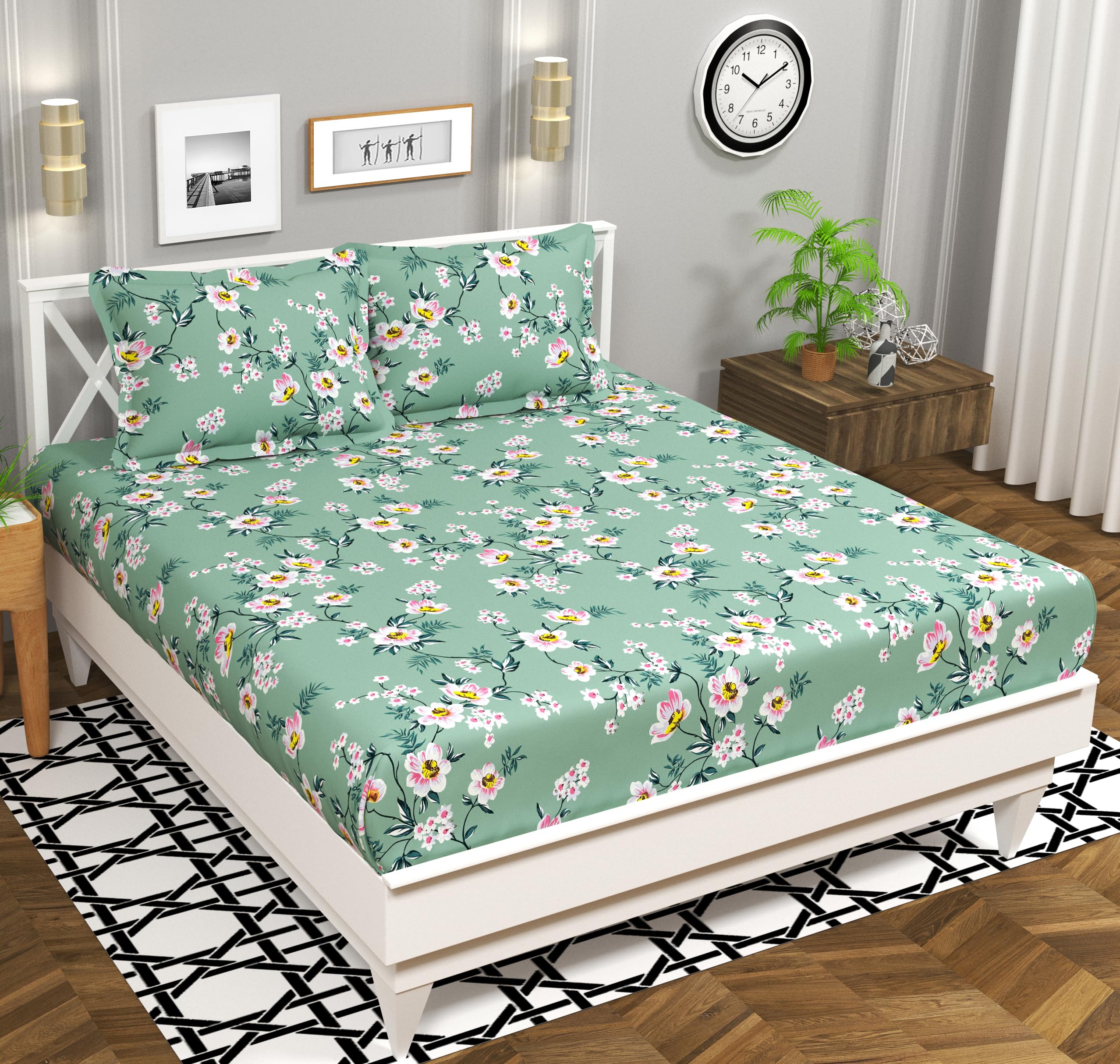 BSB HOME 100% Cotton Feel Double Bed Bedsheet Set | 144 TC Soft & Breathable | Mint Green White Flower Print with 2 Pillow Covers | Wrinkle Free | for Bedroom (90 x 90 Inches) 1