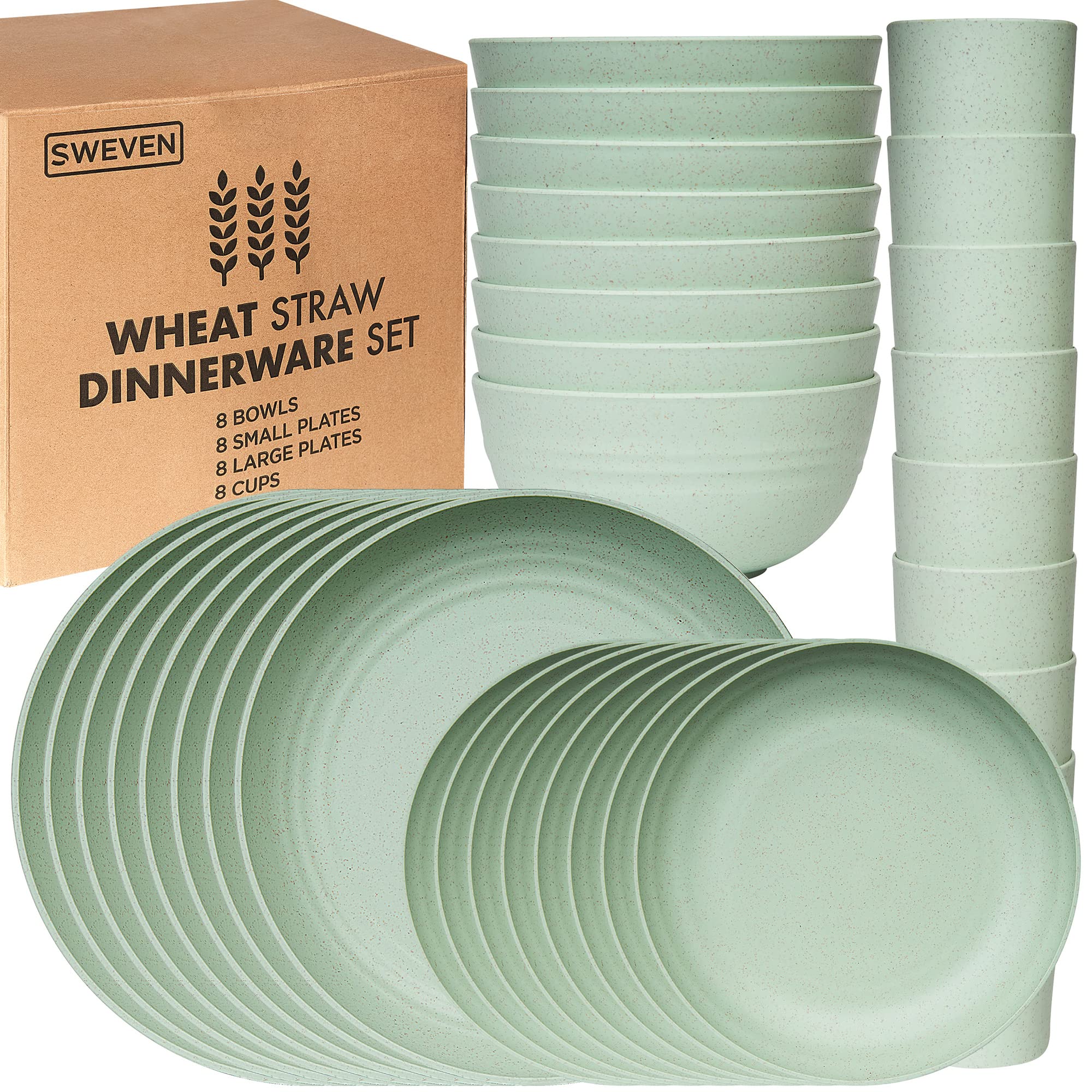 Wheat Straw Dinnerware Sets | Unbreakable Dinnerware Sets | Dishwasher Microwave Safe Dinnerware | Eco Friendly Non Breakable Dinnerware Sets | RV Outdoor Camping (Green, Service for 8 (32 pcs))