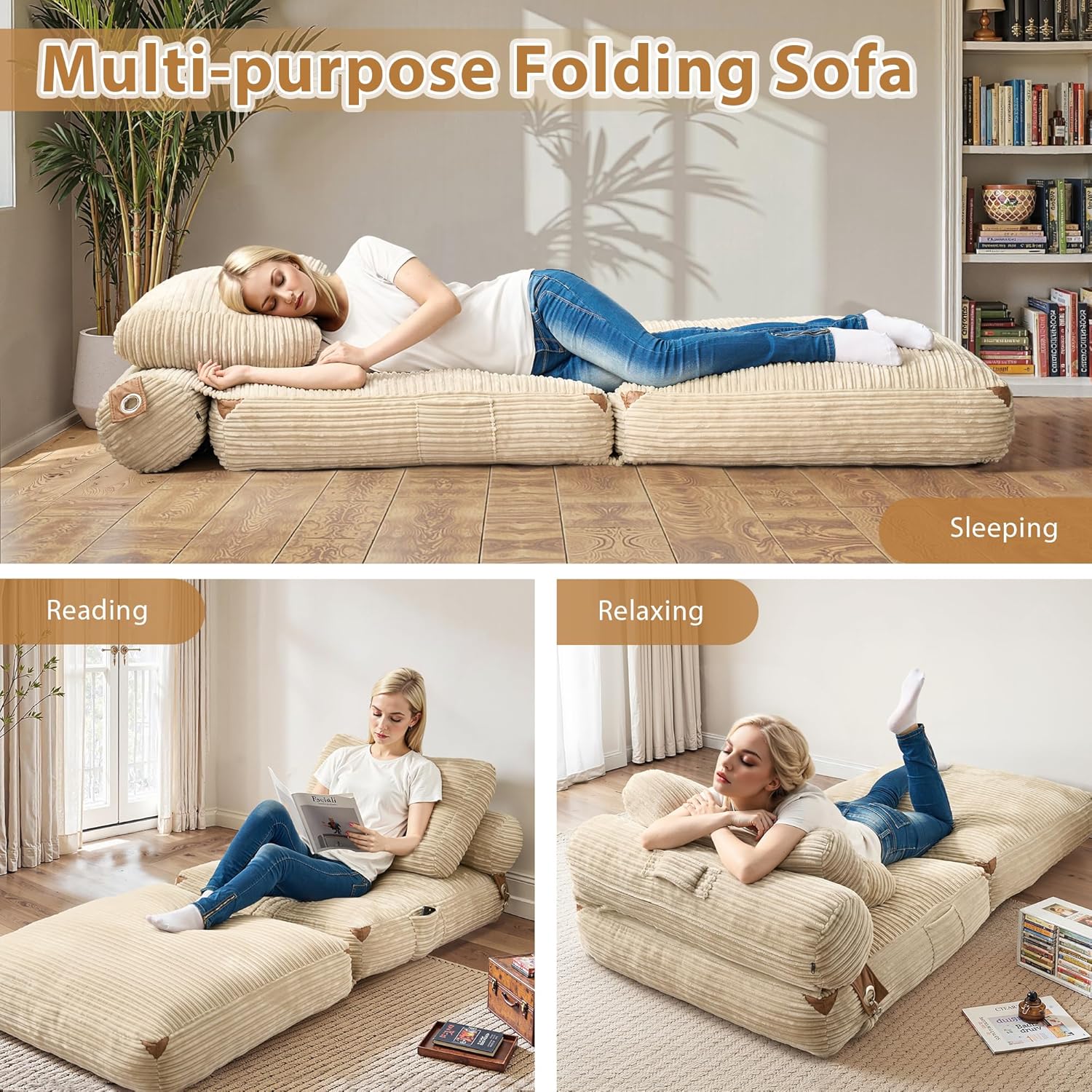 75'' Foldable Sofa Bed, Convertible Sleeper Sofa with Pillow Boneless Corduroy Foldable Couch Bed Single Sleeper Chair for Small Spaces Living Room Bedroom Studio,Beige