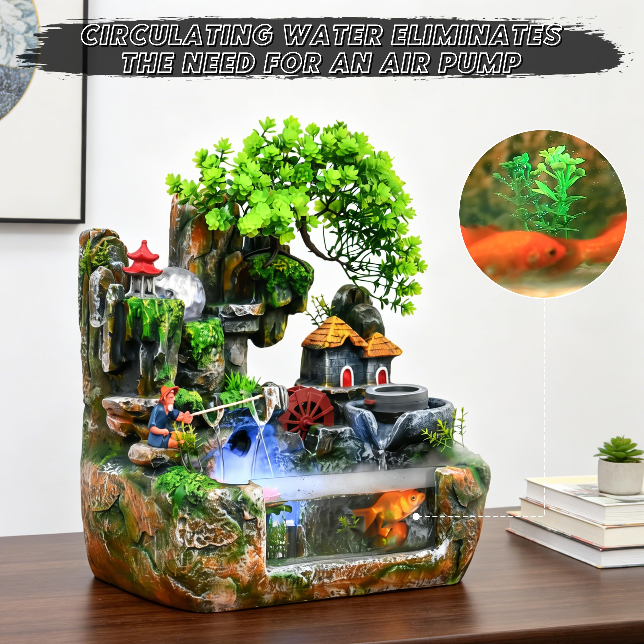 Zimmerbrunnen Wasserfall, Tischbrunnen Indoor, Grüne Pflanze Brunnen Zimmerspringbrunnen mit Beleuchtung, Zimmerbrunnen mit Pflanzen für Platzierung Wohnzimmer Schreibtisch(38 * 30 * 20cm)
