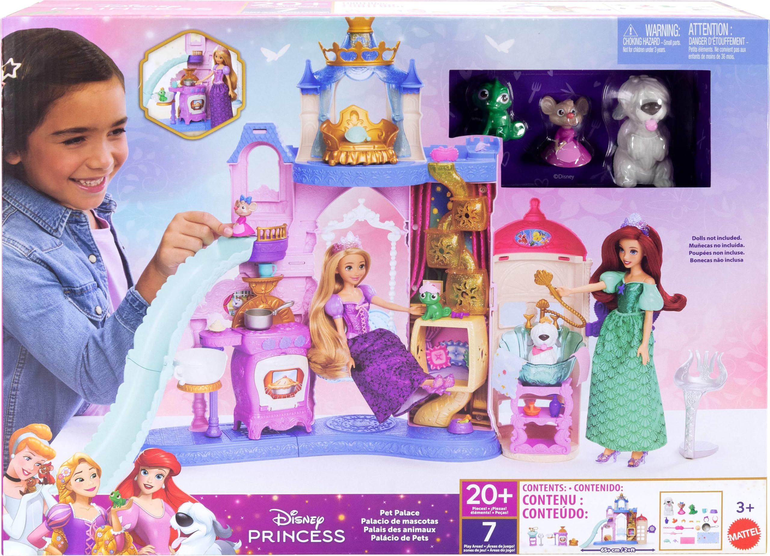 Mattel Disney Princess Zamek dla pupili, ponad 60 cm | 7 stref zabawy, 3 figurki zwierzątek, meble i 17 akcesoriów, domek dla pupili inspirowany filmami Disneya, JBF96