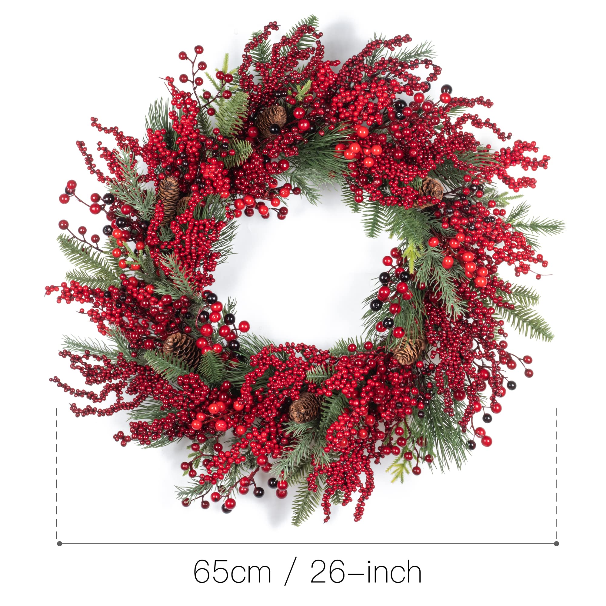 KI Store Beeren türkranz Weihnachten beleuchtet groß 65cm rot beerenkranze Licht weihnachtskranz haustür mit Beleuchtung für weihnachtsdeko, stechpalme deko
