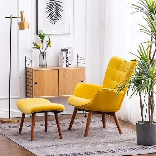 Miniatura 2 de Roundhill Furniture Leiria - Silla contemporánea de terciopelo sedoso copetudo con otomana, color amarillo