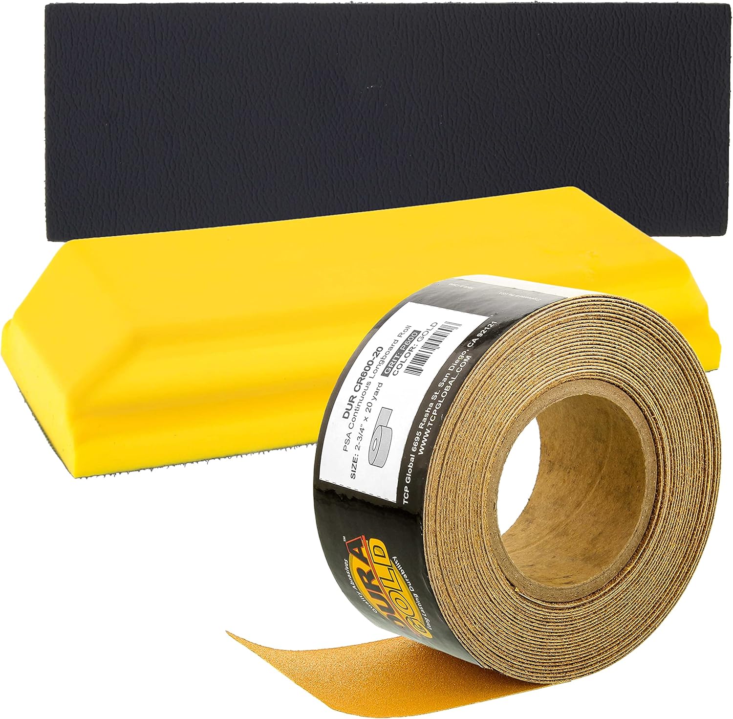 Dura-Gold Pro Series Rectangle 7-3/4" x 2-3/4" Hand Sanding Block Pad with Hook & Loop Backing and PSA Adapter Pad & 600 Grit PSA Longboard Sandpaper 20 Yard Roll, 2-3/4" Wide