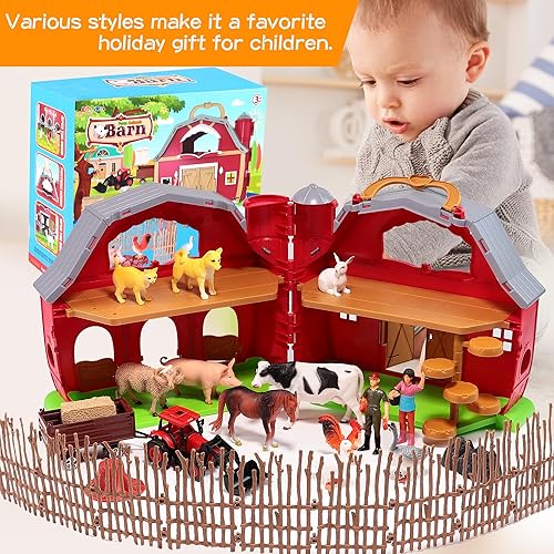 Miniatura 2 de Red Barn - Juguetes de animales de granja, 28 figuras de animales y tractor de granja, juguetes educativos de aprendizaje para niños pequeños y