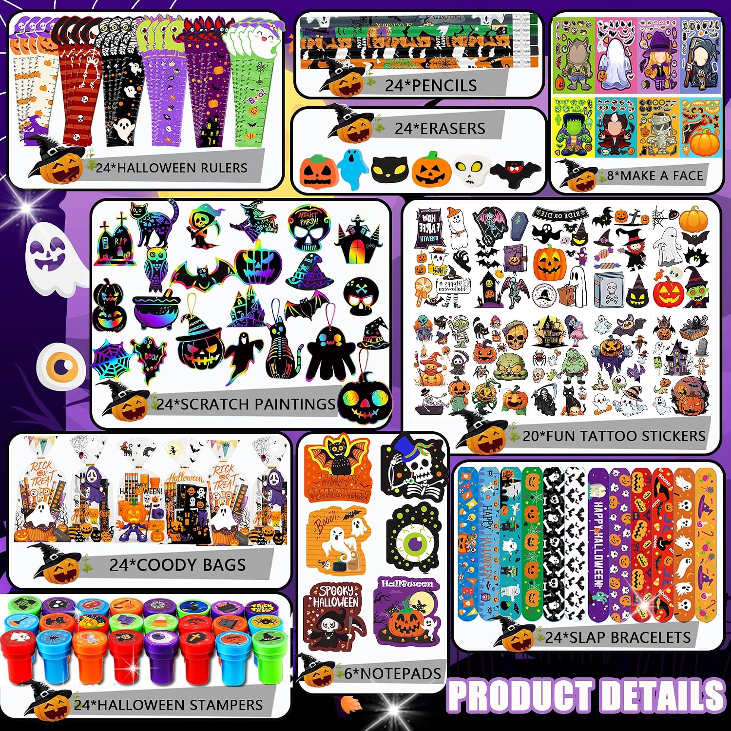 202PPCS Halloween Party Favors,Stationery Set Goodie Bags Stuffers for Kids School Classroom Prizes Trick or Treat Gifts Bags Fillers include Pencils,Erasers,Rulers,Halloween Stickers,Stamper,Notepads image 2