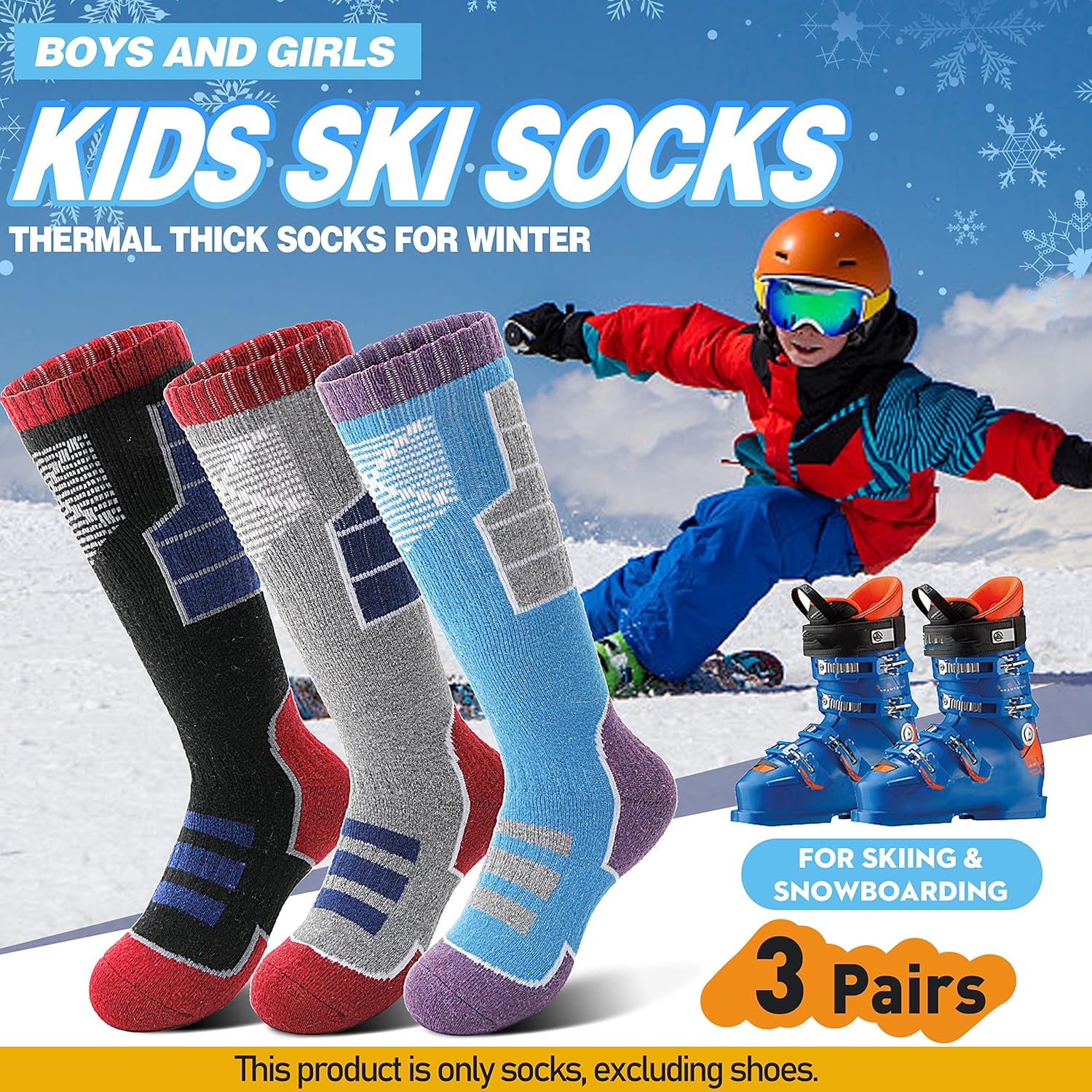 Anlisim Kids Merino Wool Ski Socks 3 Pairs Girls Boys Thermal Winter Warm Thick Breathable Socks for Skiing Snowboarding - Image 2