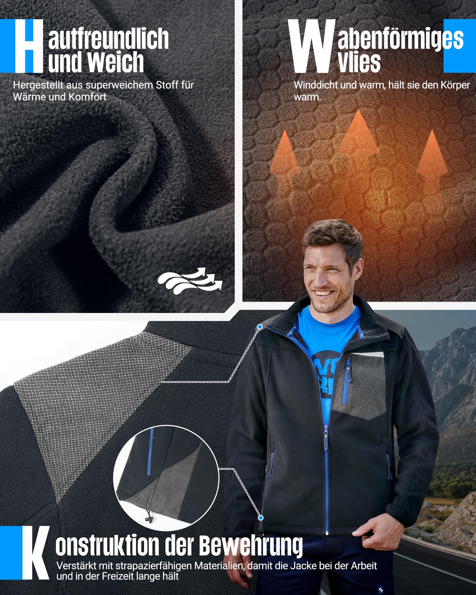 Scheibler Veste polaire coupe-vent pour homme - Veste de travail chaude - Col montant - Veste de transition avec 6 poches - Respirante - Veste de loisirs pour la randonnée et la course