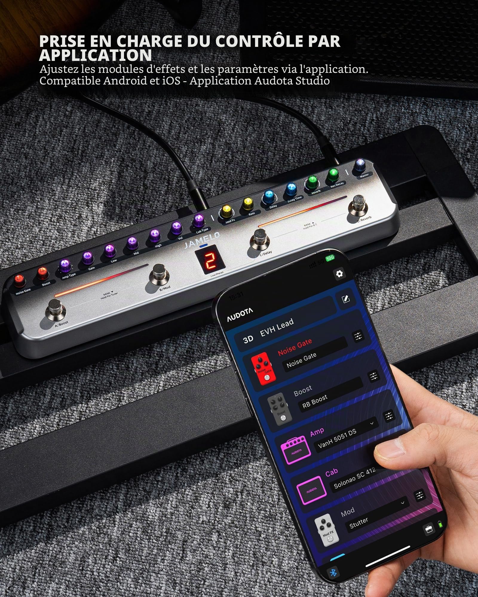 Jamelo - Pédale de guitare électrique multi-effets, avec 40 préréglages modifiables, 7 modules d'effets populaires, chœur, retard, réverbération, mod, batterie rechargeable