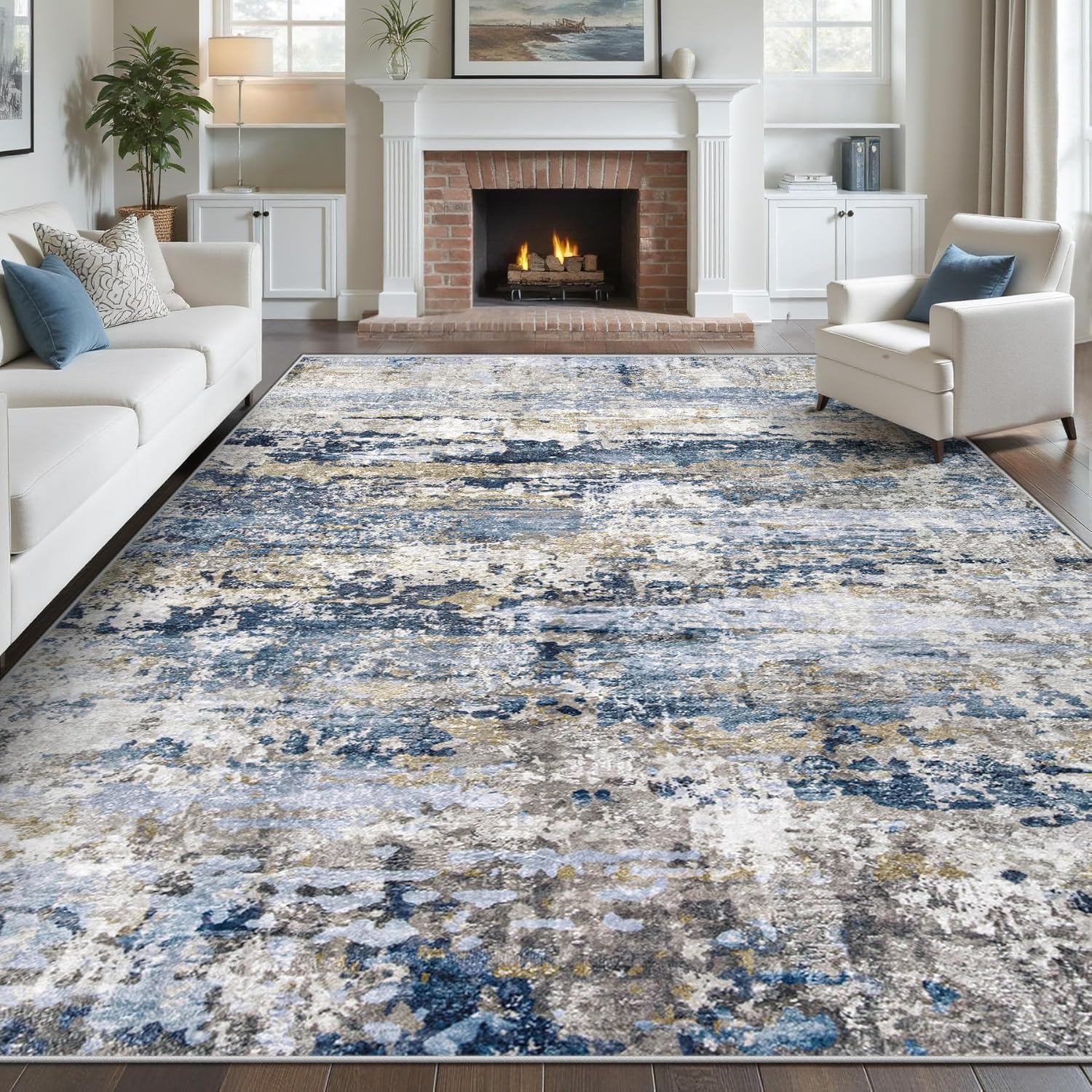 Area Rugs 8x10 for Living Room: Washable Rug Modern Abstract Neutral Soft Non-Slip Low-Pile Indoor Large Carpet for Bedroom Dining Room Playroom Home Office (Blue Grey Brown, 8'x10') Bluegreybrown 8' x 10' (Rectangular)