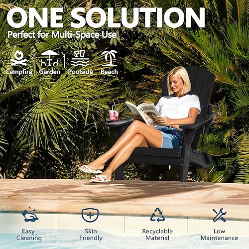 Miniatura 6 de Juego de 2 sillas plegables Adirondack con soporte para tazas, sillas de plástico HDPE resistentes a todo tipo de clima, sillas de patio al aire