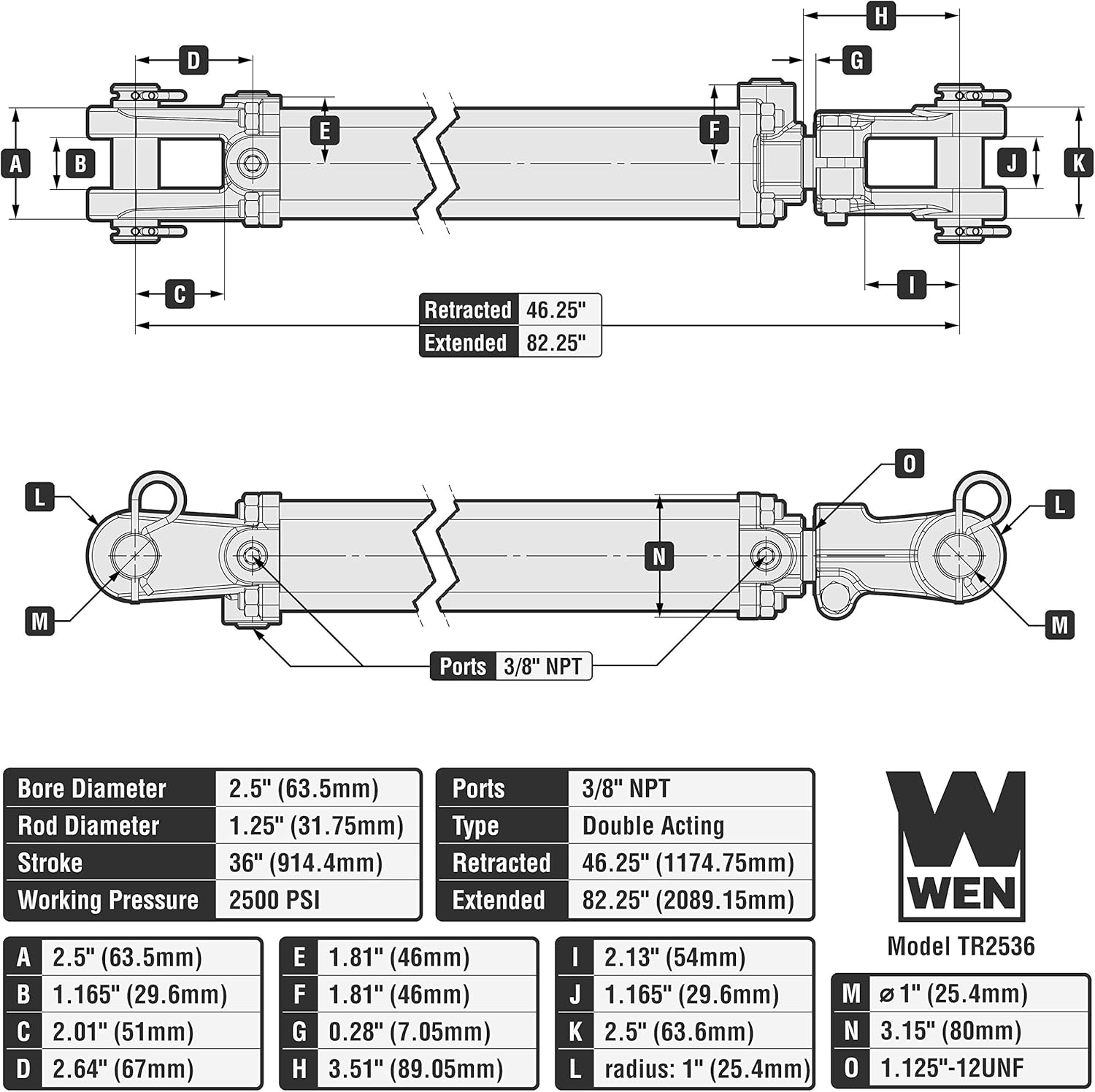 WEN TR2536 2500 PSI Tie Rod Hydraulic Cylinder with 2.5 in. Bore and 36 in. Stroke