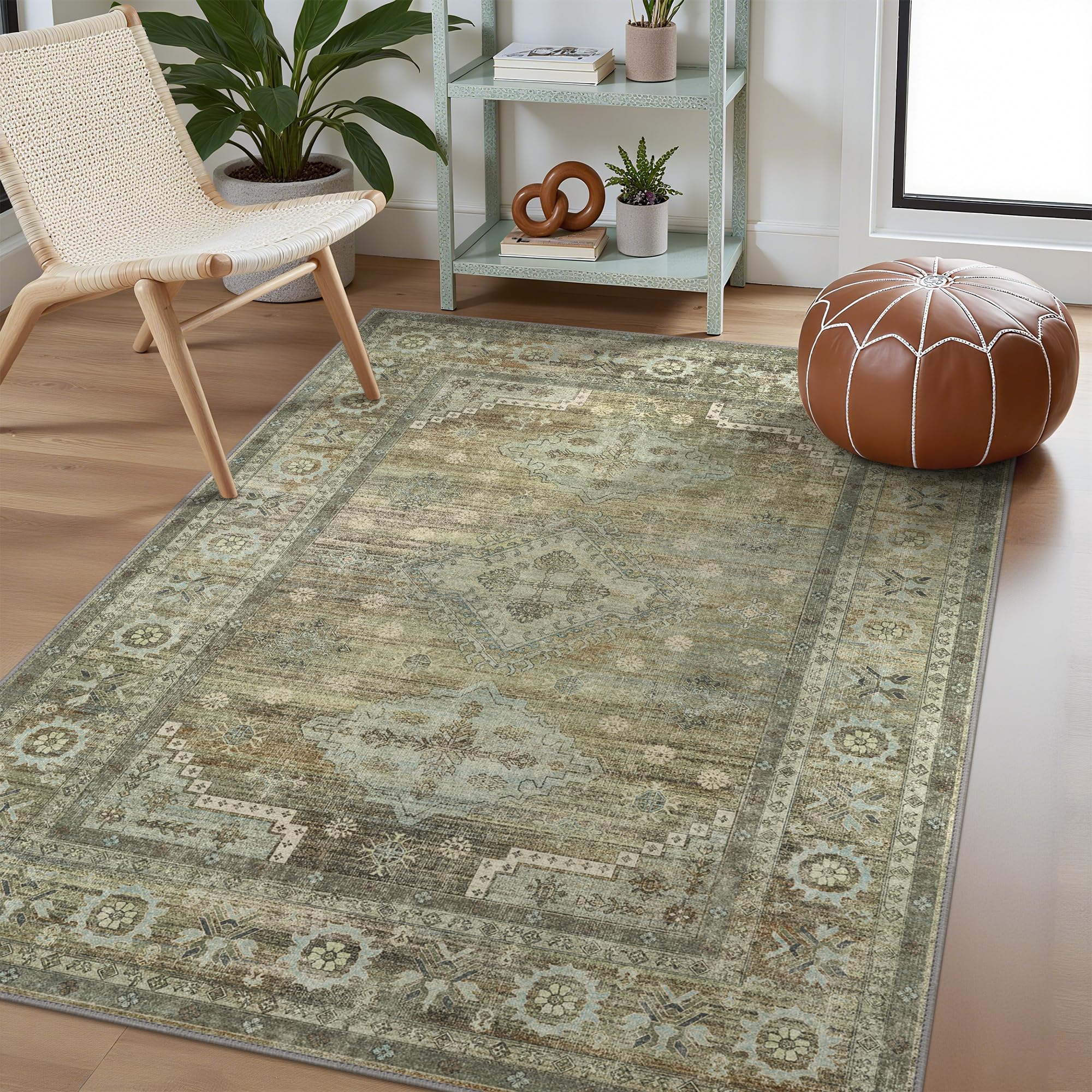 GENIMO Teppich Wohnzimmer 140X200 cm Vintage Waschbare Kupfer Braun | Boho Vintage Orientalischer Teppiche, Kurzflor Wohnzimmerteppich, Rutschfest Carpet, Groß für Schlafzimmer, Esszimmer, Büro