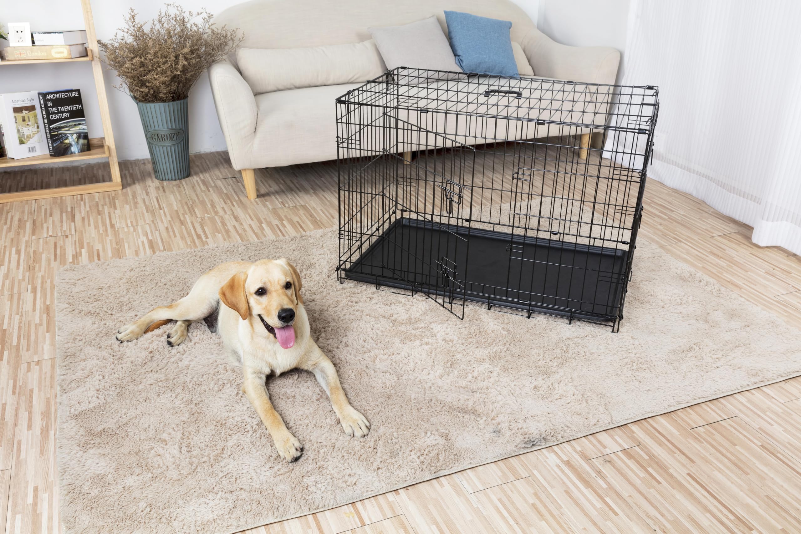 Simply Maison Hundekäfig M – klappbare Transportbox aus Metall, Stabiler Hundekäfig mit Kunststoff-Bodenschale, für kleine bis große Hunde & Katzen, schwarz | Größe M | 76cm(L) x48,5cm(B) x53cm(H)