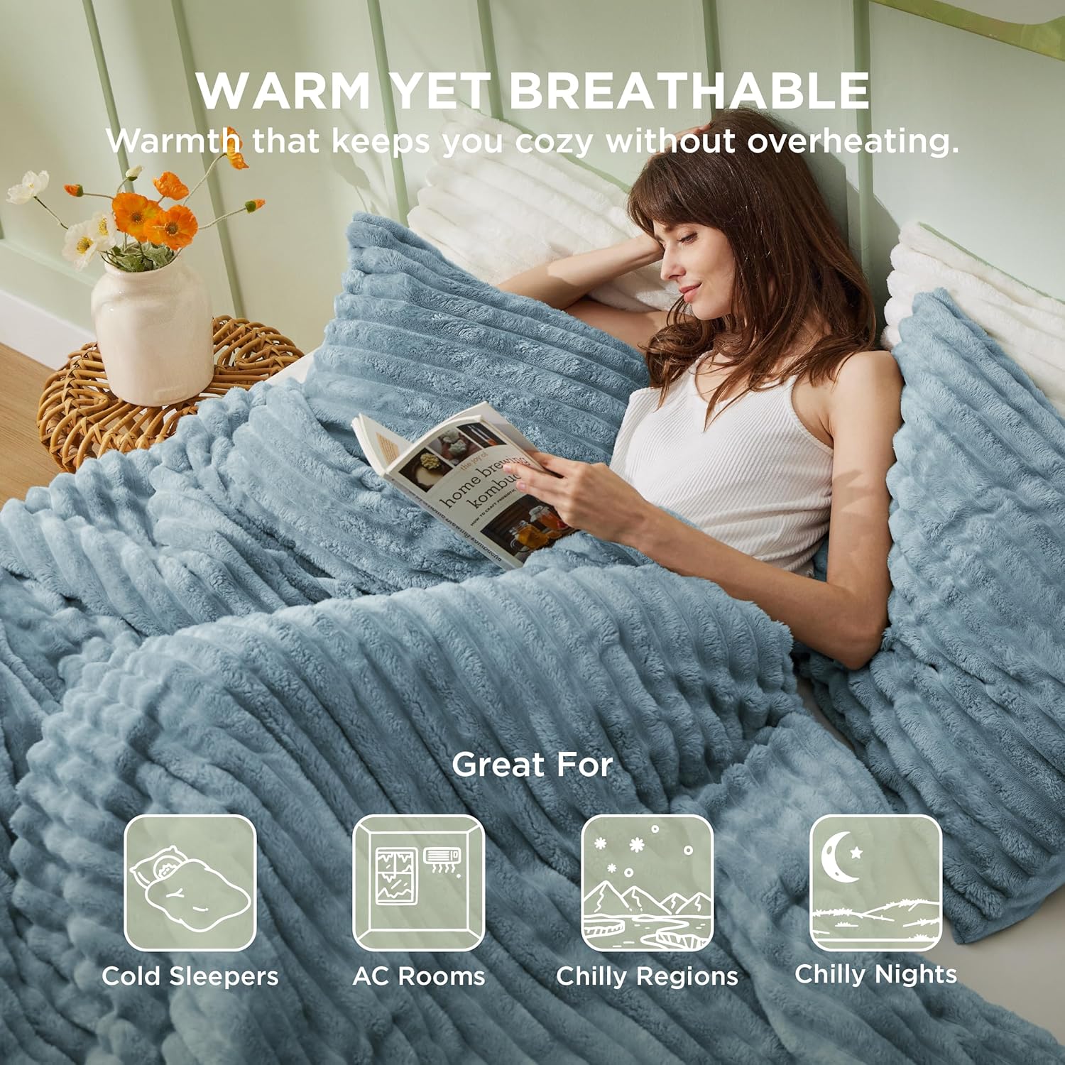 Bedsure Comforter Full Size - GentleSoft™ 3 Pieces Fluffy Double-Side Fleece Comforter Set, Cozy Striped Room Decor Aesthetic, Luxury Mineral Blue Full Size Bedding with 2 Pillowcases, 82x86 Inches - Image 5