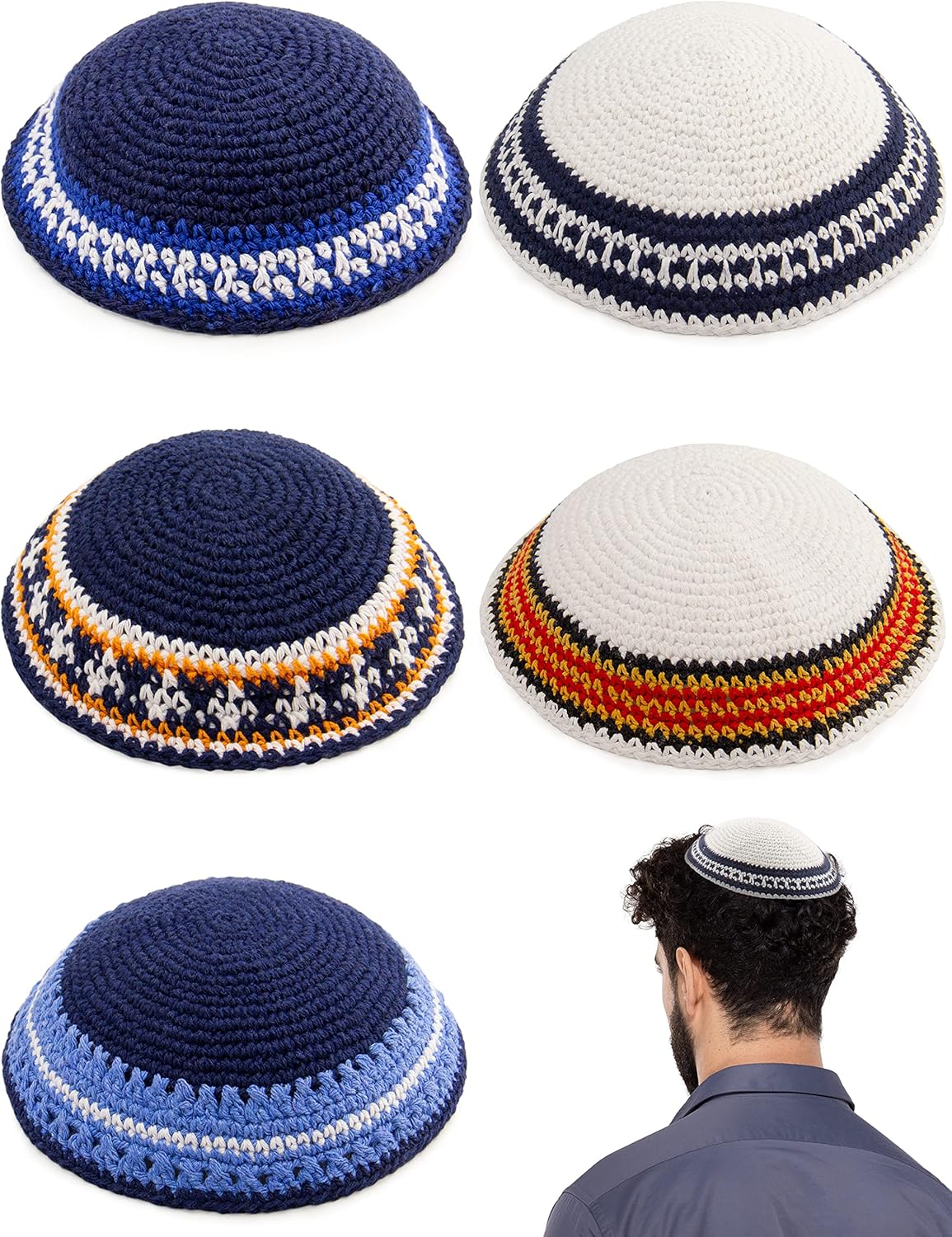 Pack of 5-Pcs - Hq Mix Colors Handmade Knitted Kippah for Men Boys and Kids, Yamaka Hat from Israel - Kippot Bulk (Mix Lines, 17CM Flat)