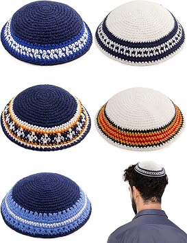 Pack of 5-Pcs - Hq Mix Colors Handmade Knitted Kippah for Men Boys and Kids, Yamaka Hat from Israel - Kippot Bulk Mix Lines, 17CM Flat