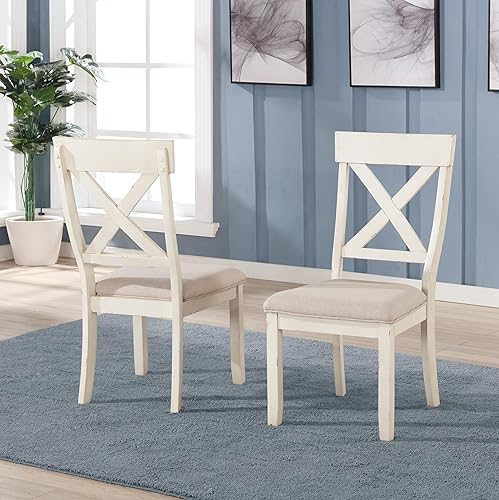 Roundhill Furniture Prato - Silla de comedor con respaldo cruzado de madera, color blanco antiguo (juego de 2)