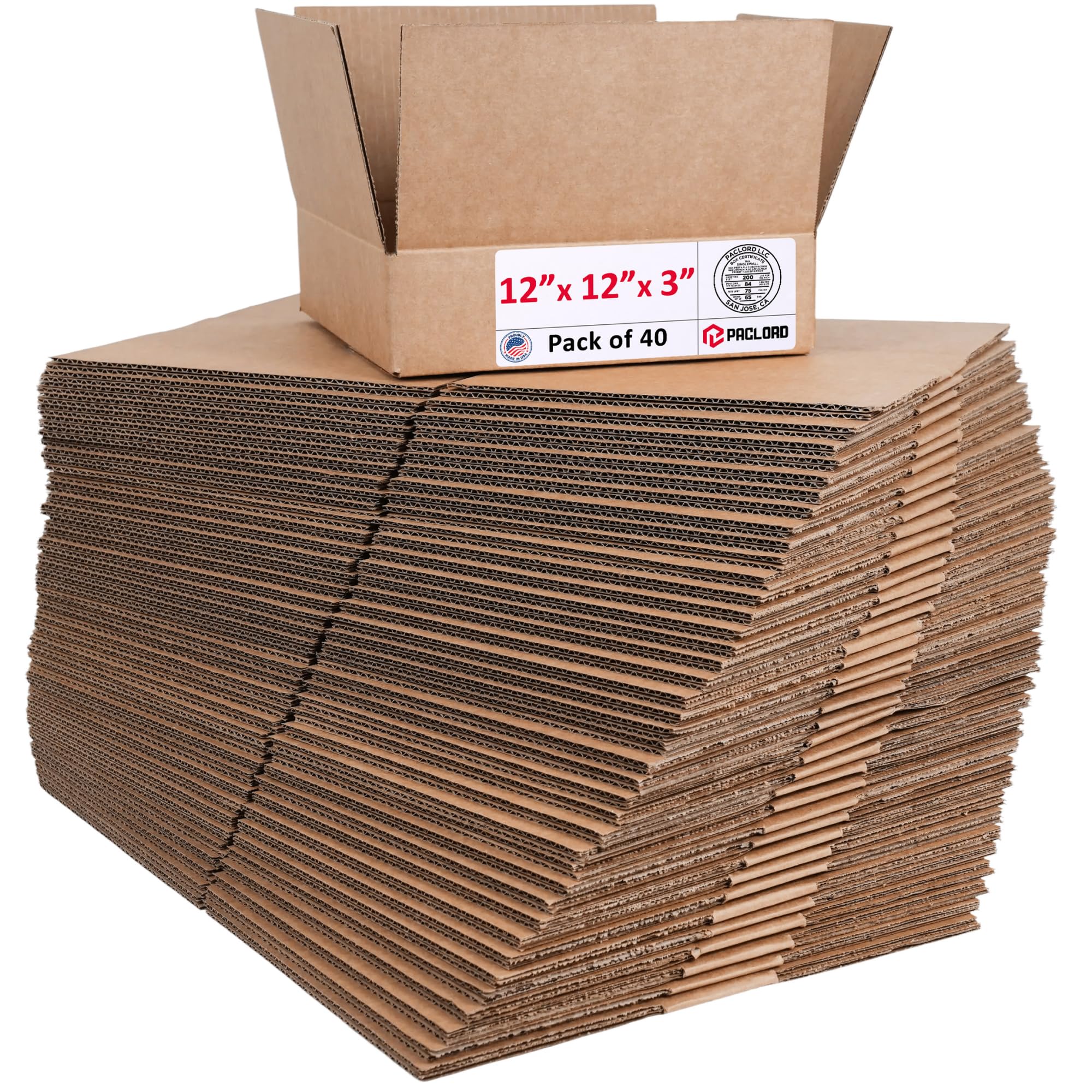 Flat Cardboard Boxes 12"L x 12"W x 3"H (Pack of 40) - USA-Made Packing Boxes for Moving, Shipping, or Storage - USPS, UPS, FedEx Approved - Professional Packing Supplies for Moving | USA-Made Packing Boxes for Moving, Shipping, or Storage - USPS, UPS, FedEx Approved - Professional Packing Supplies
