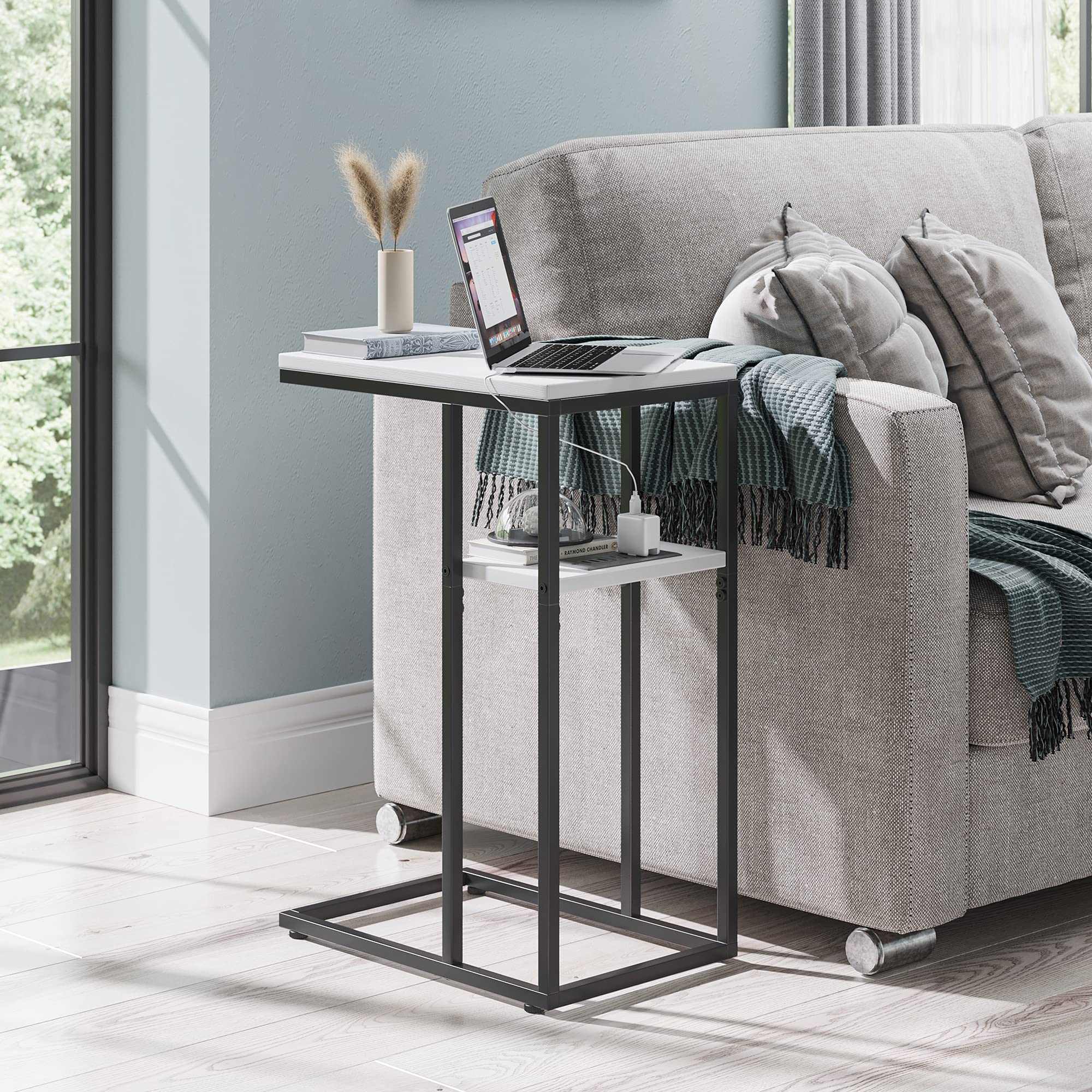 CubiCubi Side Table with Charging Station, C Shaped End Table with USB Ports and Outlets, Couch Table for Living Room, Bedroom, Couch, Sofa and Bed, White