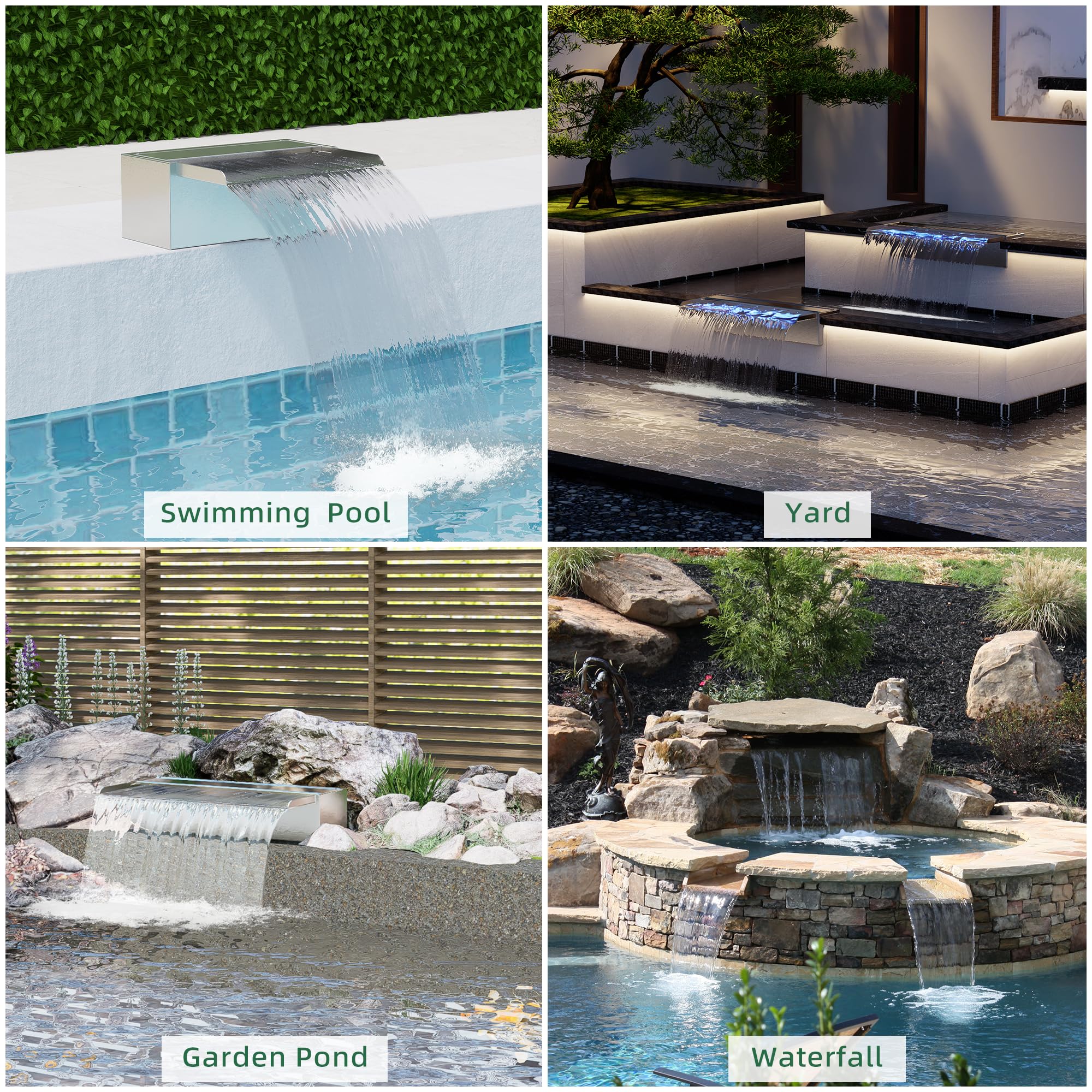 LONGRUN 23cm Teich-Wasserfall,304 Edelstahl Pool-Wasserfall mit Wasserpumpe,7 Farben Bluetooth LED Garten Brunnen