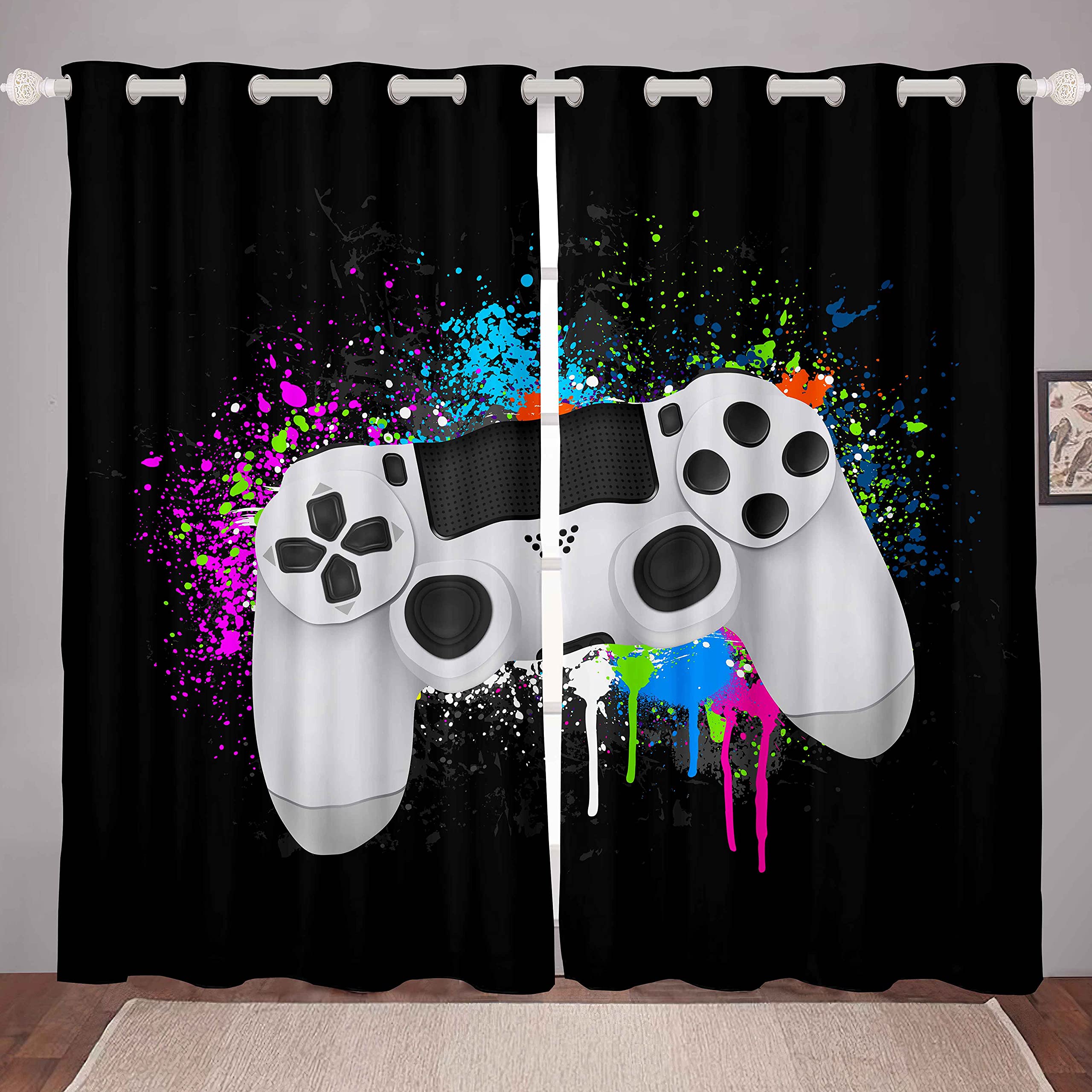 Loussiesd Kids Gamepad Curtains Gamer Window Treatments for Boys Girls Childre White Video Game Controller Window Drapes Teens Colorful Tie Dye Window Curtain Black Room Decor W66*L72