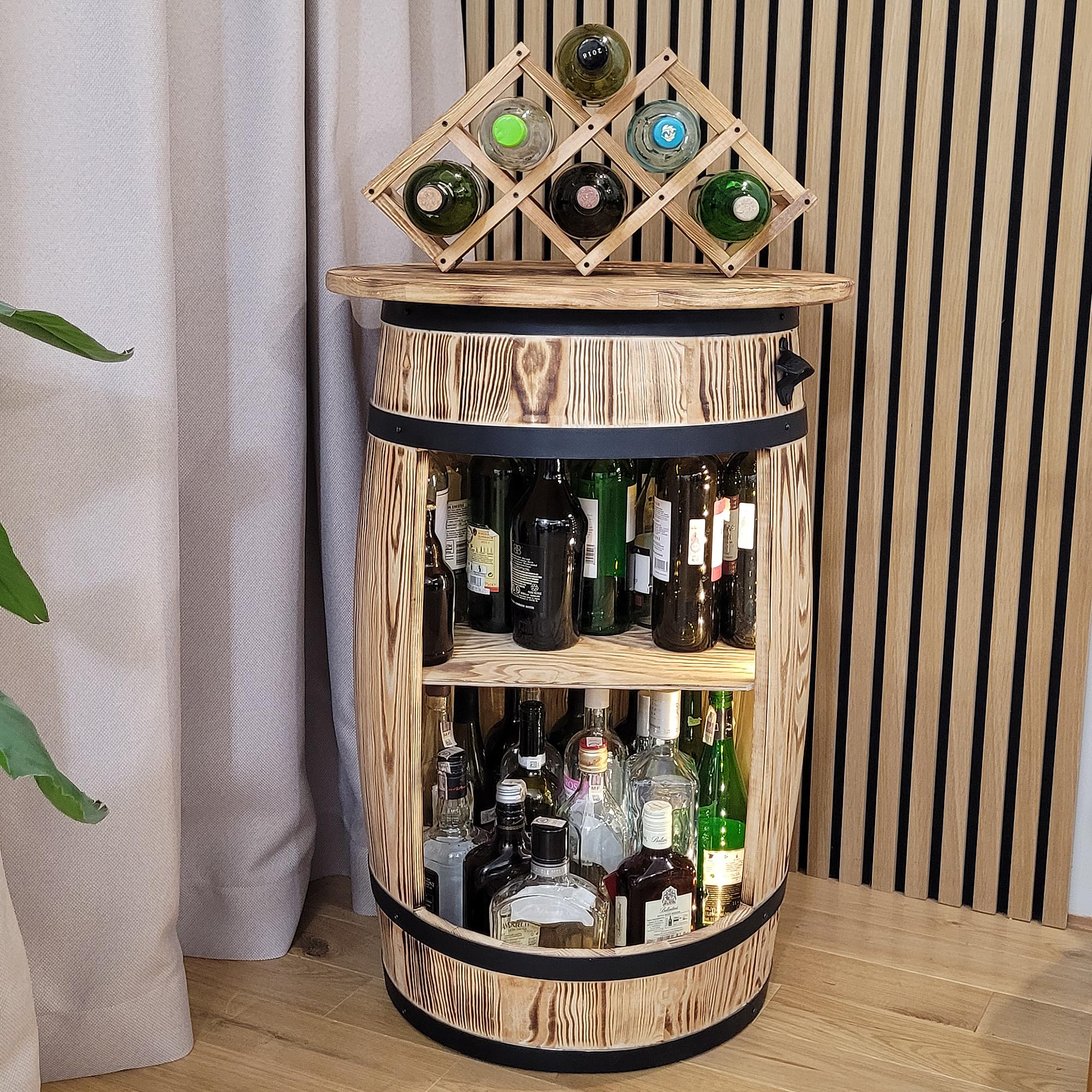weeco Tonneau en bois avec top blat et porte-vin et lampes LED - Table de bar - Armoire à vin de style rétro - Table de bar - Baril en bois avec couvercle - 80 x 50 cm