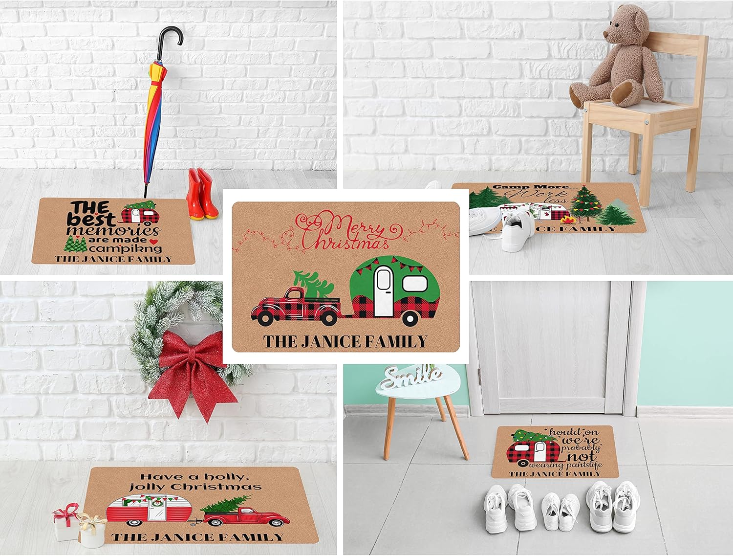 Custom Name Camping Doormat Christmas Camper Door Mat Xmas Decorative Rugs For RV Indoor/Outdoor Durable Use Gifts For Camper Merry Christmas Camper Decor Enterway Kitchen Easy Clean Made in USA