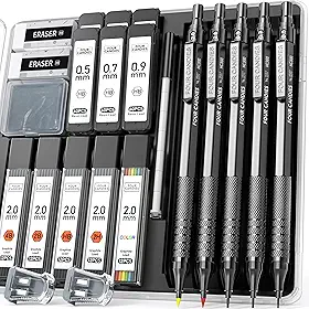 Four Candies Conjunto de lapiseiras pretas, 3 peças de lápis de grafite de metal 0,5, 0,7, 0,9 mm e 2 peças conjunto de lápis de desenho de arte de 2 mm (4B 2B HB 2H cor) com 420 refis para escrever desenho
