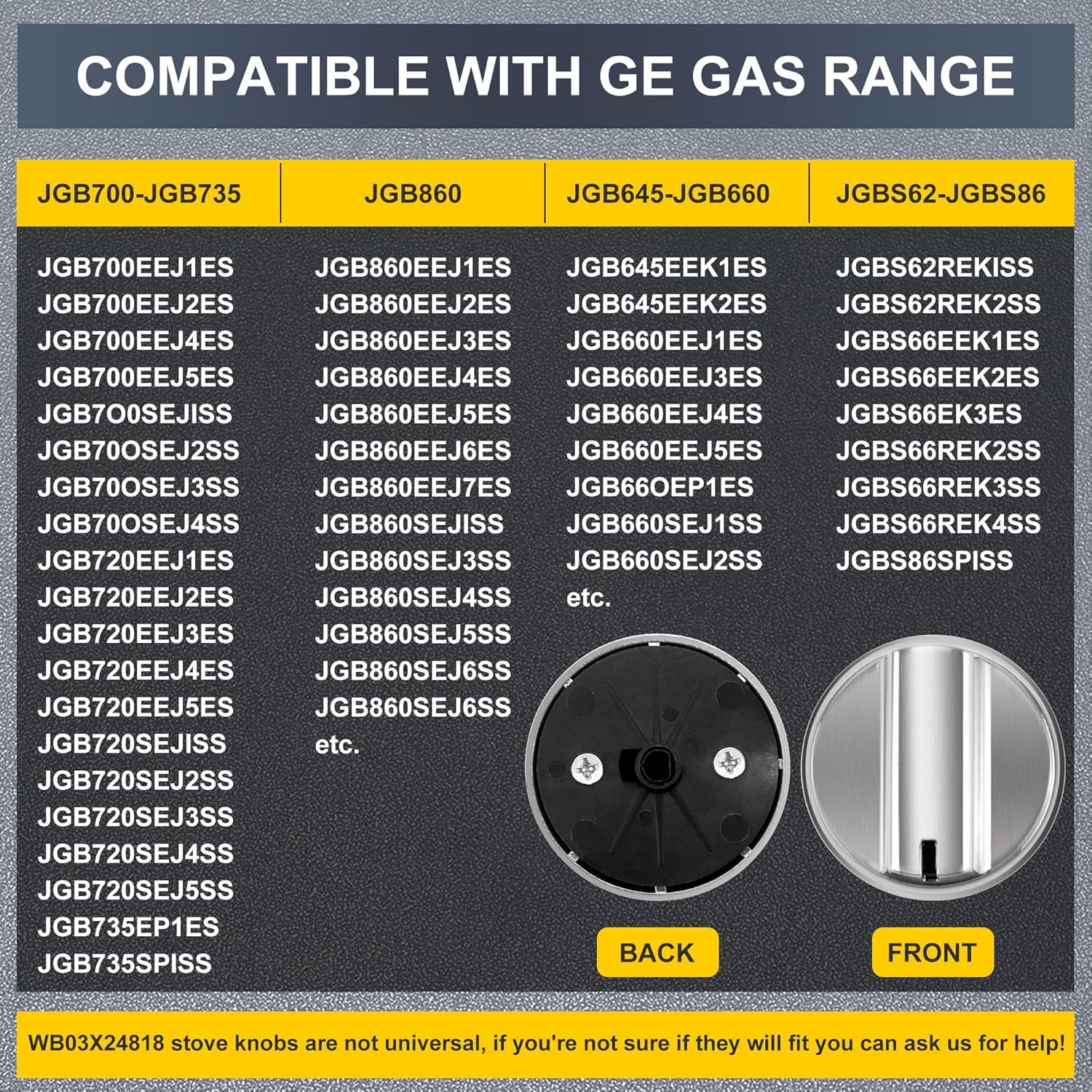 Table showing compatible GE gas range models for WB03X24818 knobs
