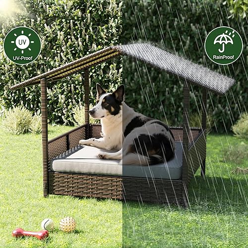 Miniatura 4 de Waleaf Casa de cama de mimbre para perros pequeños, medianos y grandes, para interiores y exteriores, casa de mascotas, cama elevada para perros con