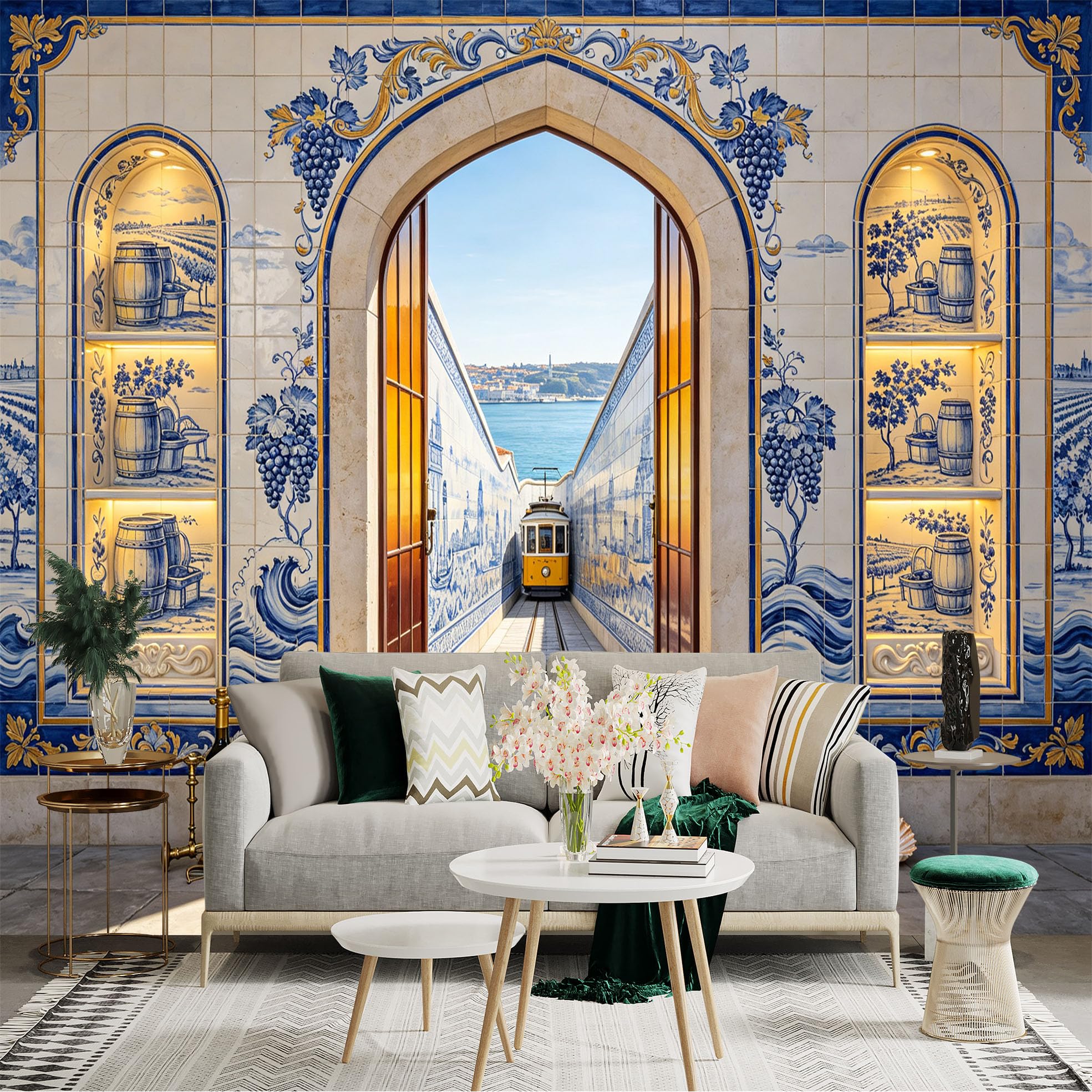 Custom Size Wall Sticker Mural， Blue Ceramic Tile Archway with Coastal Tram and Vineyard Art， for wall Decoration， peelandstick wall Decals.