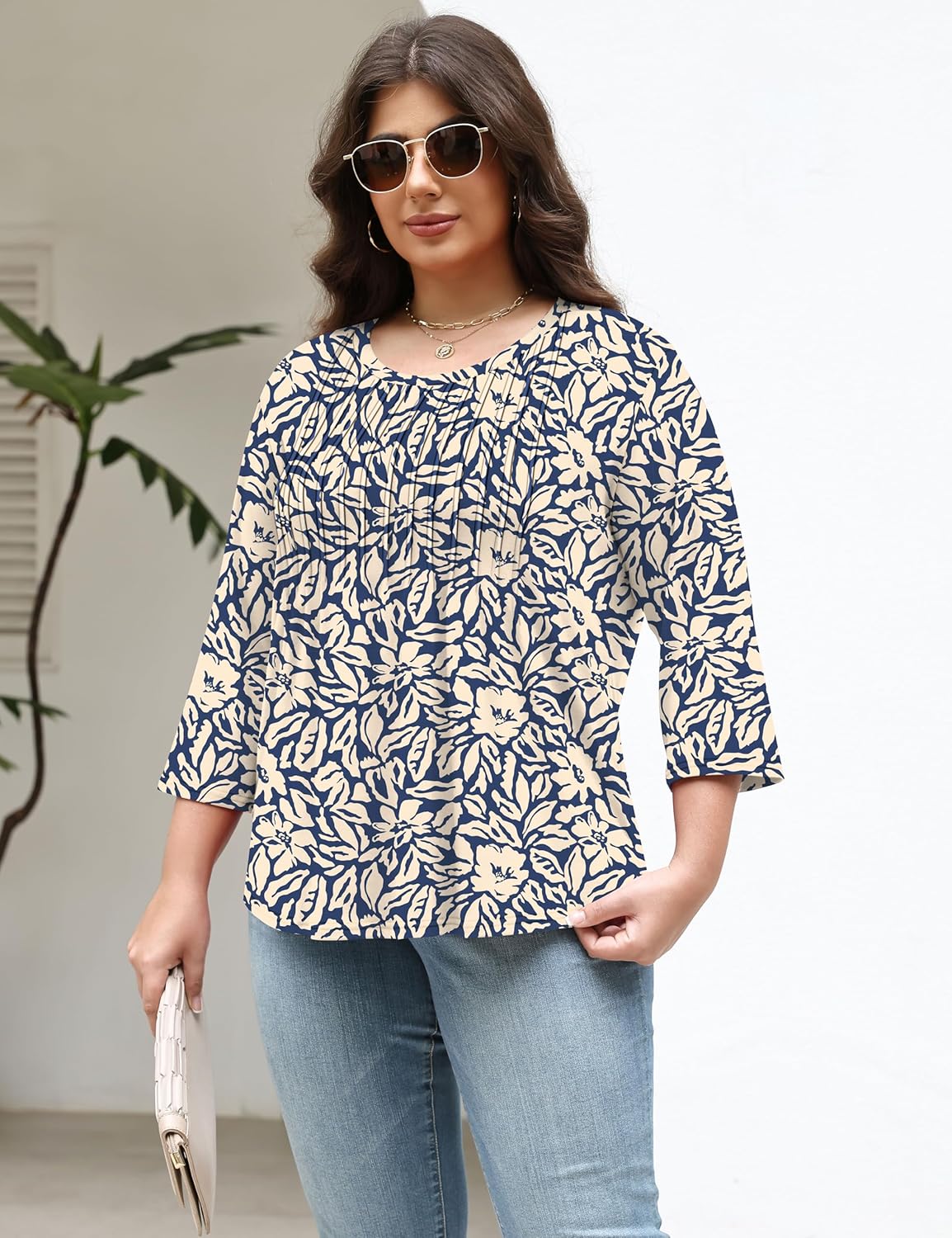 TFSDOD Womens Plus Size Tops 3/4 Length Sleeve Womens Tops Crewneck Pleated Boho Tunic Casual Shirts XL-5X - Image 3