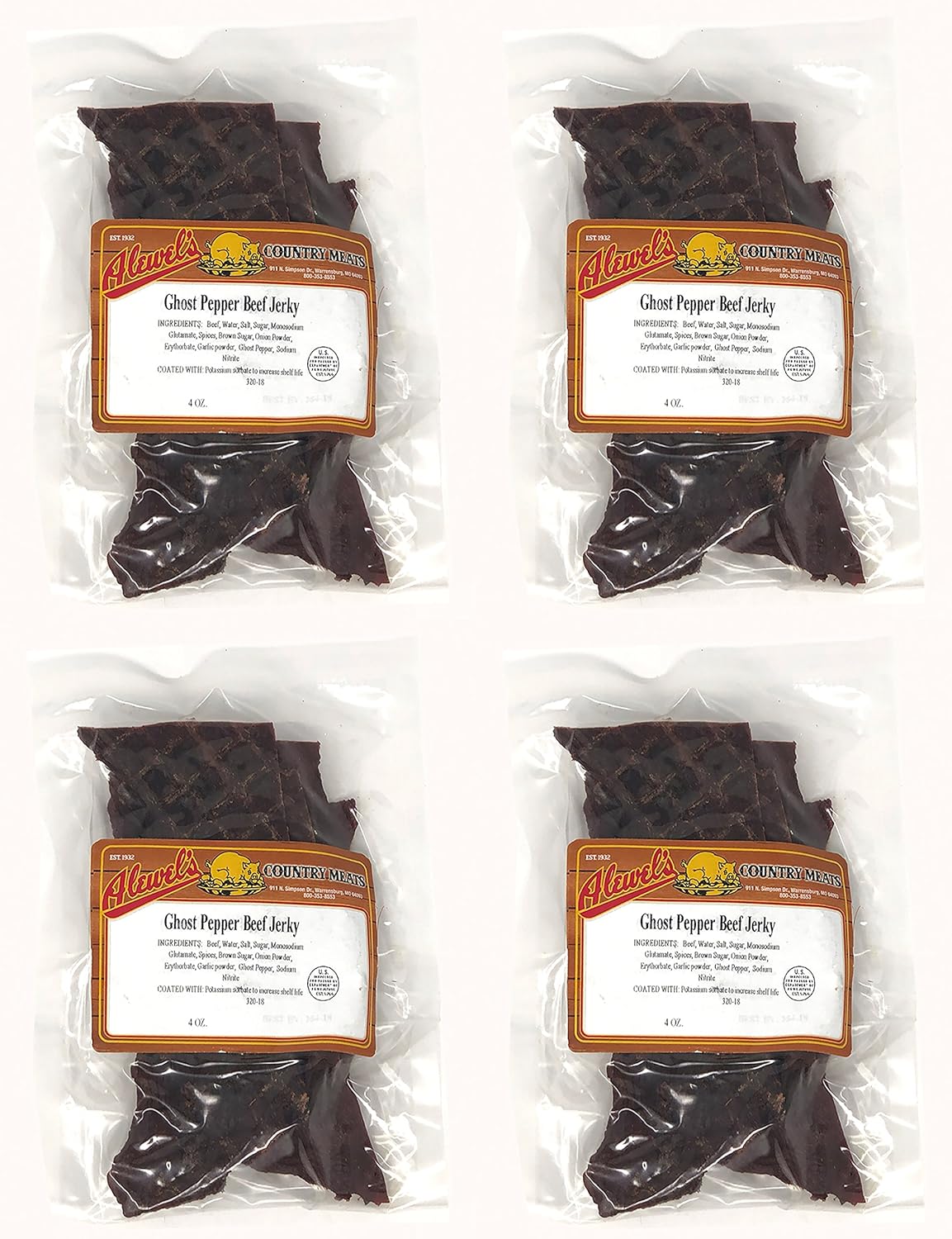 Alewel’s Country Meats Ghost Pepper Hickory Smoked Spicy Whole Muscle Beef Jerky 4 Ounce (Pack of 4) - Made With Ghost Chili Peppers