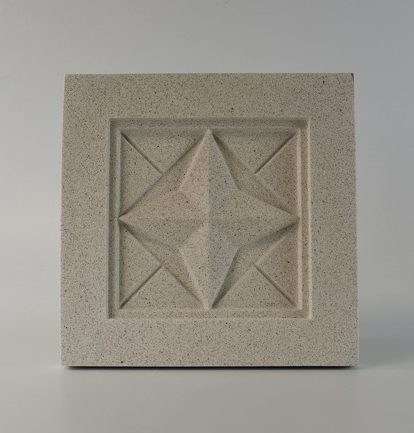 Sculpted Architectural Bas Relief 3D Tile Plaque Ornament, Solid Cast Stone, Parquetry Design, 9.5"x9.5" for Wall Hanging or Tabletop Display (White with Keyhole)