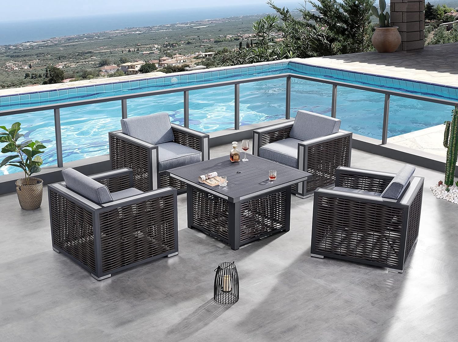 Avola Prestige 5 Piece Outdoor Sectional Sofa Set Wicker Square Coffee Table Lounge Chairs Patio Furniture Set with Firepit Table, ETL Listed 50,000 BTU Propane Gas Fire Pit, Grey