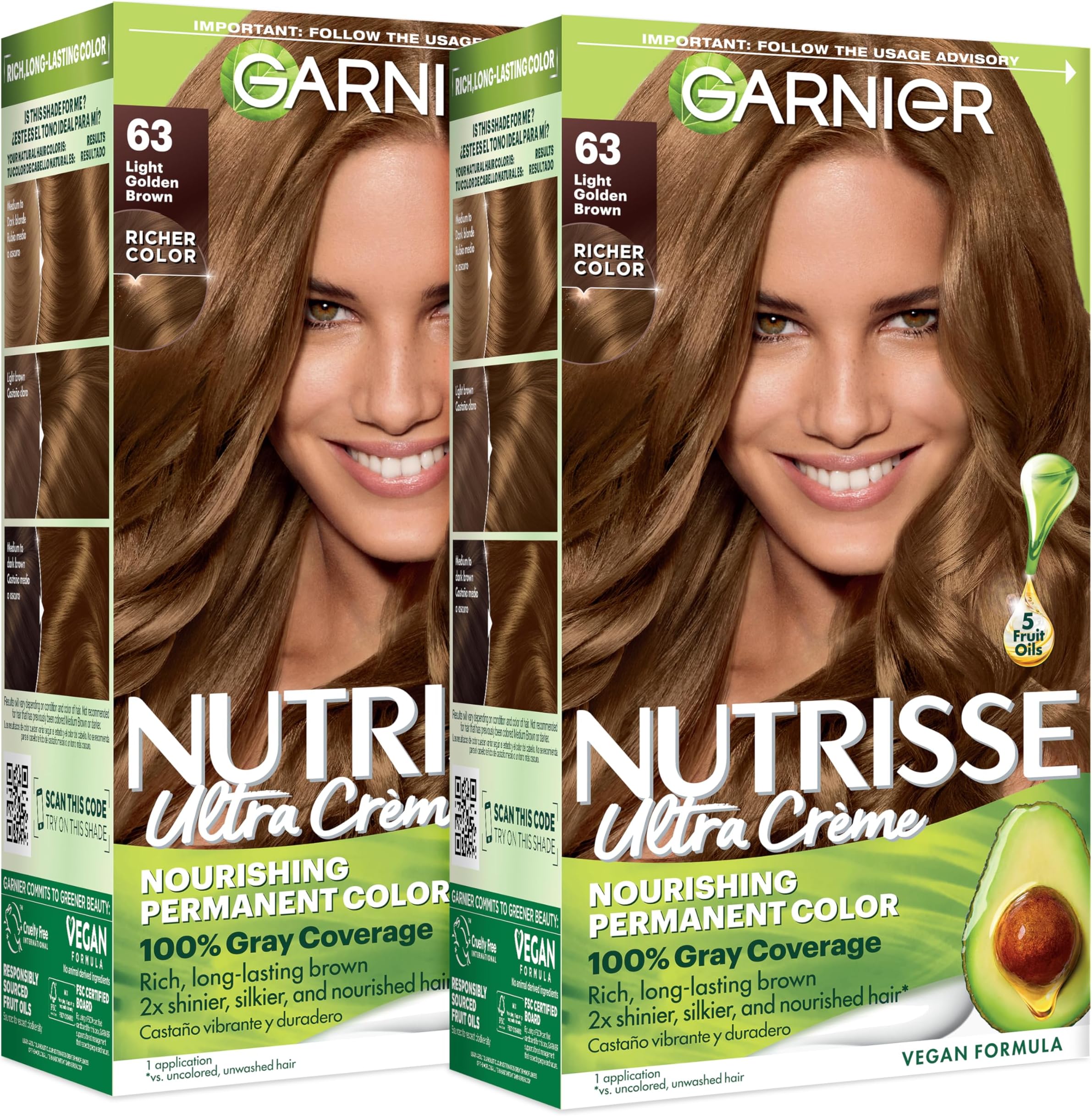 Nutrisse Ultra Crème Hair Color, Permanent Hair Dye with 100% Gray Coverage, Vegan & Cruelty-Free, 63 Light Golden Brown (Brown Sugar), 2 Count