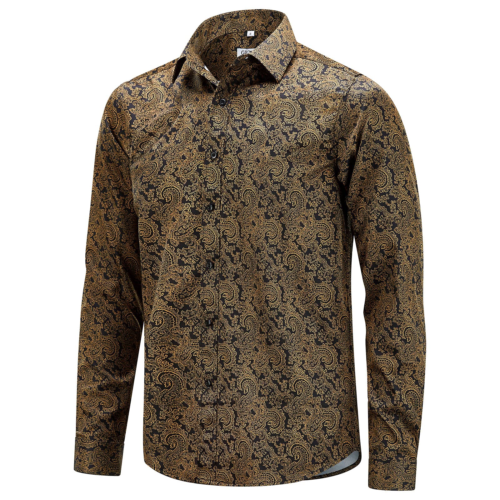 Men's Hawaiian Dress Shirt Luxury Design Long Sleeve Flower Printed Paisley Button-Down Shirts Gold