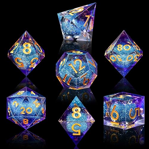 Miniatura 3 de AUSTOR Juego de dados DND de resina de núcleo líquido, de borde afilado, 7 troqueles, juego de dados DND de arena movediza hechos a mano para juegos
