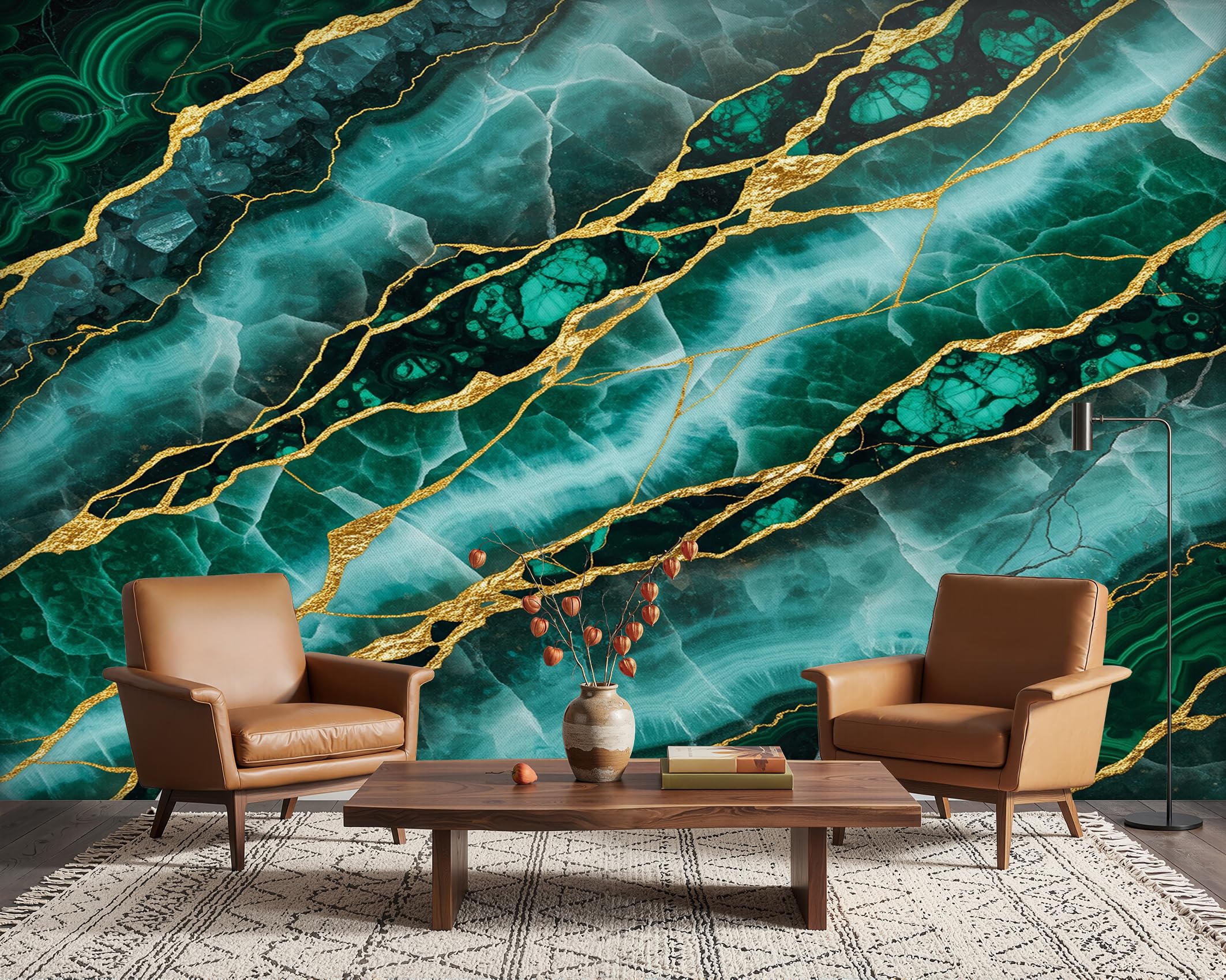 PaxGloz Emerald Green and Gold Wall Mural, Emerald Green Marble Wallpaper for Living Room & Bedroom, Non-Woven Decorative Wall Art 350x256 cm