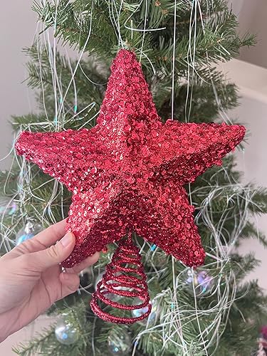 PEPPERLONELY Decoración de Navidad pequeña con purpurina y lentejuelas para árbol de Navidad, 9 pulgadas de ancho x 10 pulgadas de alto, color rojo